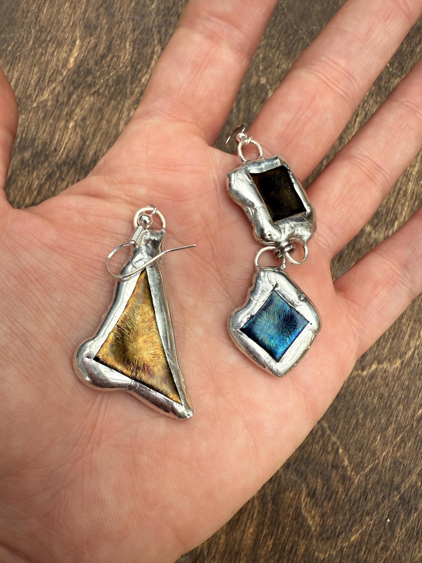 Gold + Blue Iridescent Fused Glass Earrings | Mismatched, Abstract, Wearable Sculptures