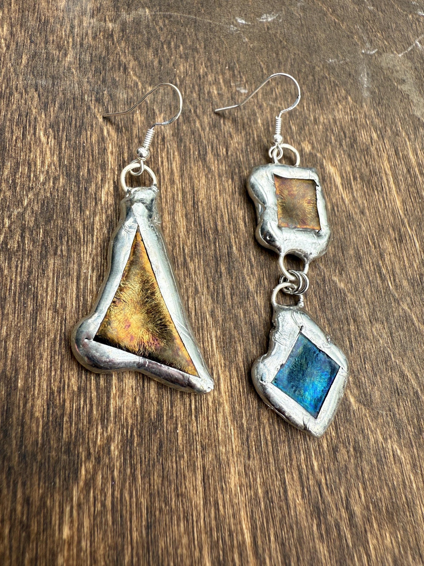Gold + Blue Iridescent Fused Glass Earrings | Mismatched, Abstract, Wearable Sculptures