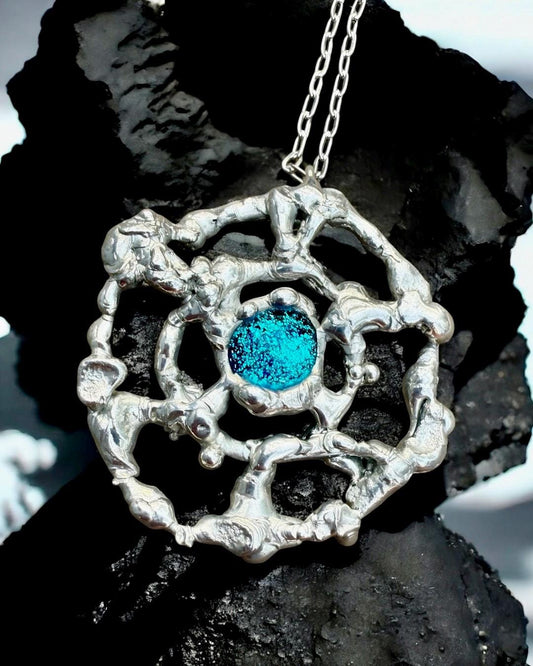 Cyber Sigilism Fused Glass Blue Pendant - Handmade Brutalist Statement Necklace, Fantasy, Punk, Gothic Jewelry