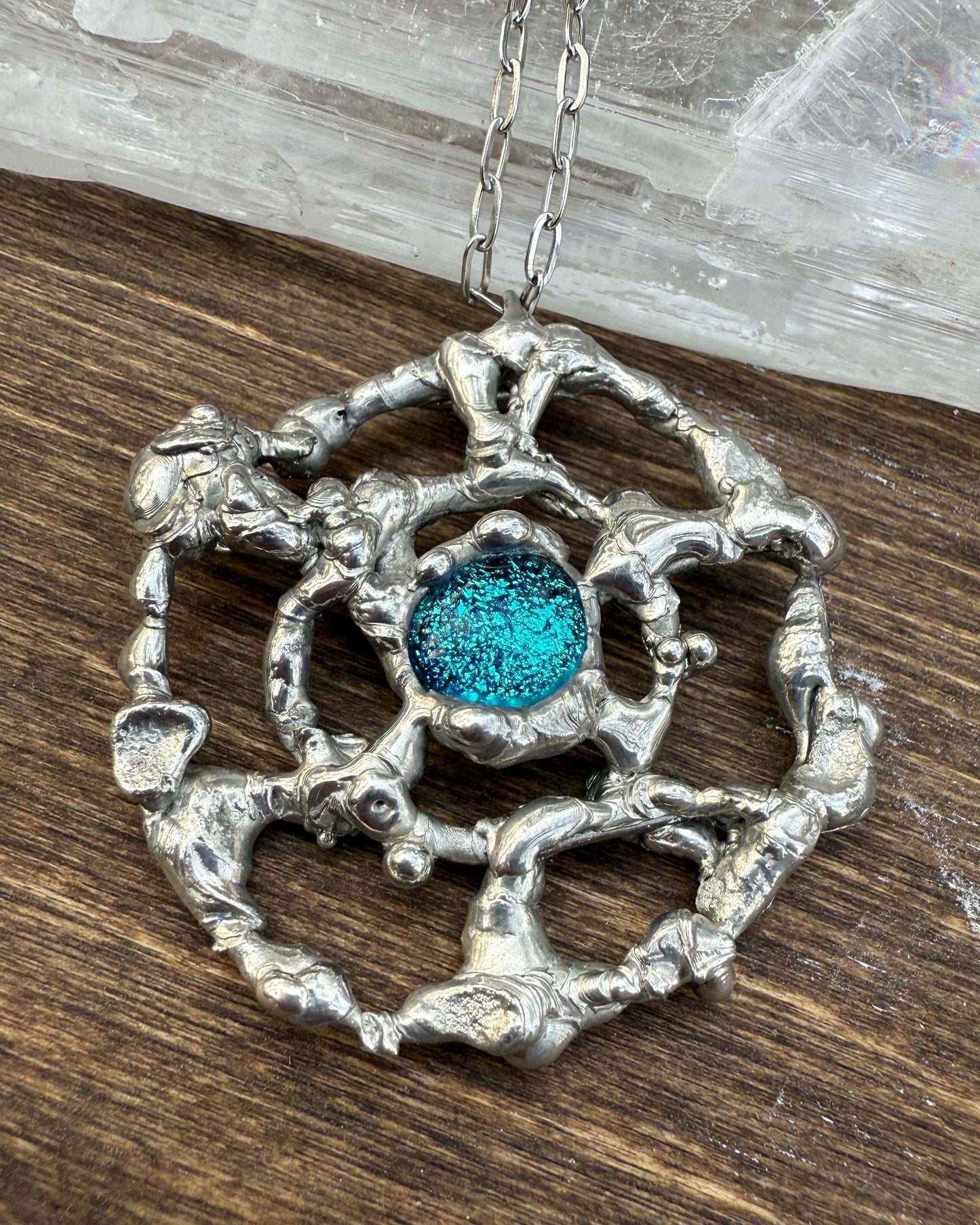 Cyber Sigilism Fused Glass Blue Pendant - Handmade Brutalist Statement Necklace, Fantasy, Punk, Gothic Jewelry