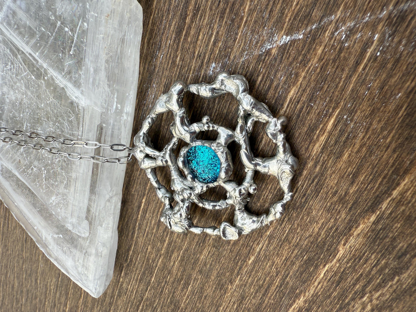 Cyber Sigilism Fused Glass Blue Pendant - Handmade Brutalist Statement Necklace, Fantasy, Punk, Gothic Jewelry