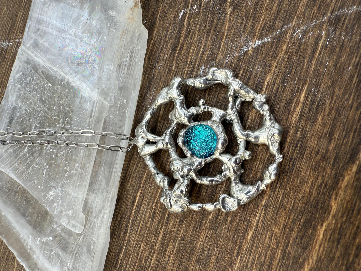 Cyber Sigilism Fused Glass Blue Pendant - Handmade Brutalist Statement Necklace, Fantasy, Punk, Gothic Jewelry