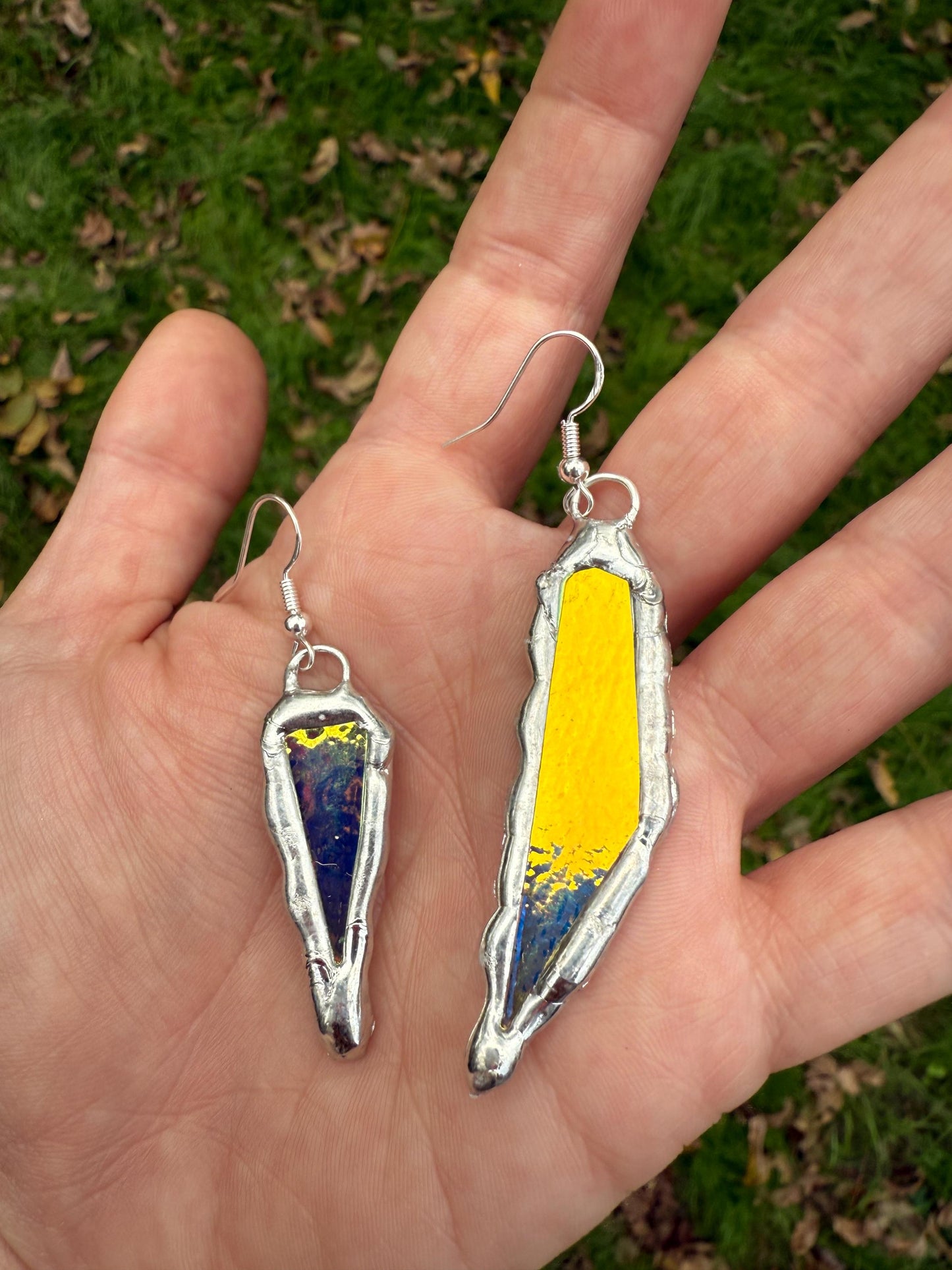 Yellow + Blue Iridescent Stained Glass Earrings | Handmade, Mismatched, Abstract, Wearable Sculptures