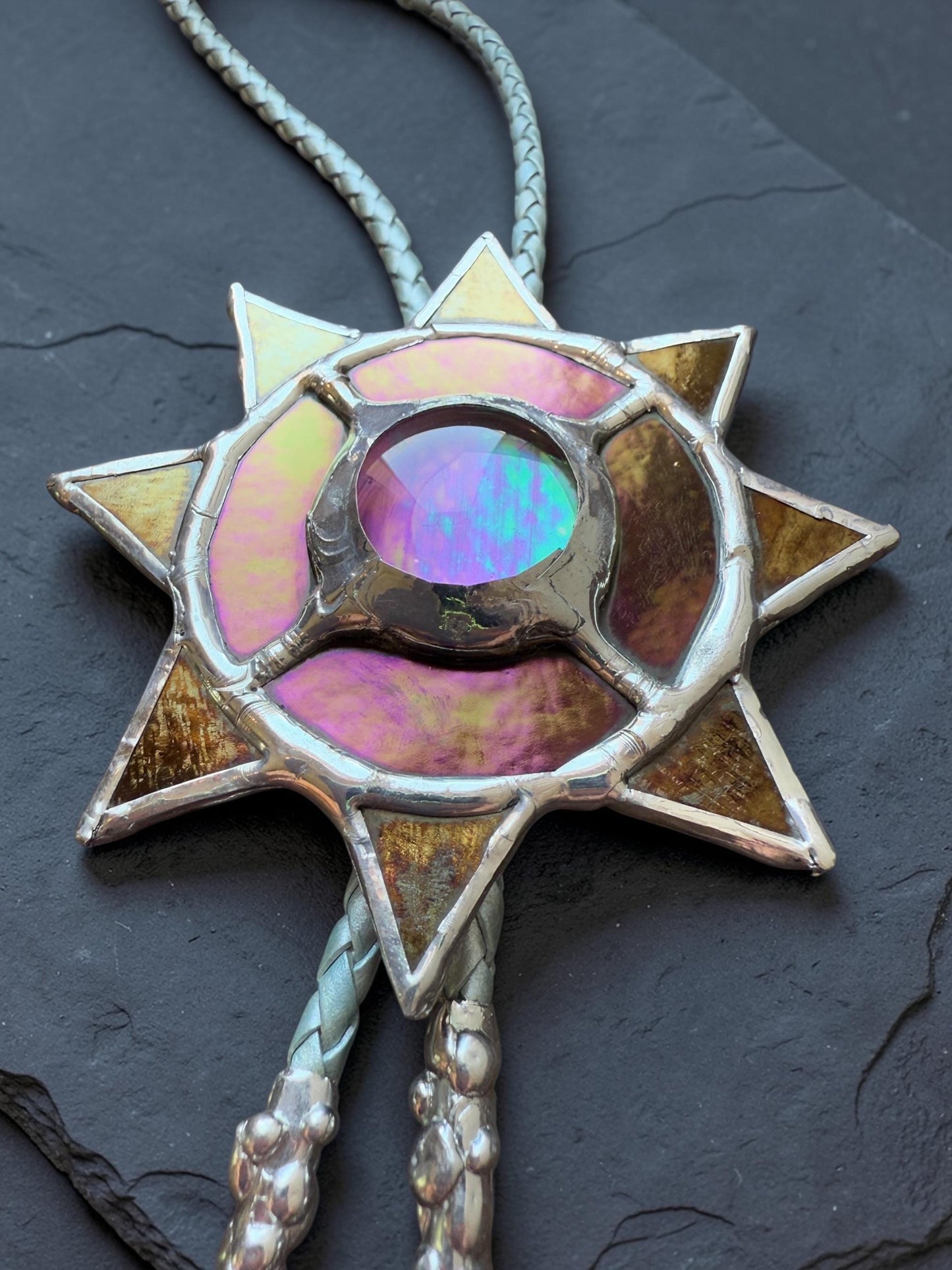 Whimsigoth Sun Bolo Tie – Handmade Stained Glass Western Necklace – Opal-Like Glass Statement Piece – Celestial, Festival, Cowboy Fashion