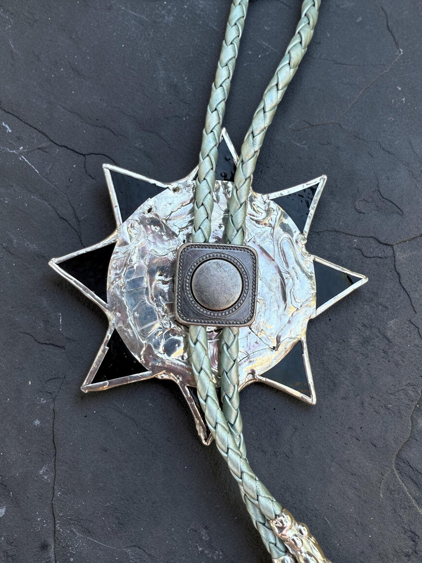 Whimsigoth Sun Bolo Tie – Handmade Stained Glass Western Necklace – Opal-Like Glass Statement Piece – Celestial, Festival, Cowboy Fashion