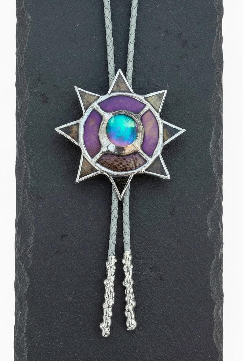 Whimsigoth Sun Bolo Tie – Handmade Stained Glass Western Necklace – Opal-Like Glass Statement Piece – Celestial, Festival, Cowboy Fashion