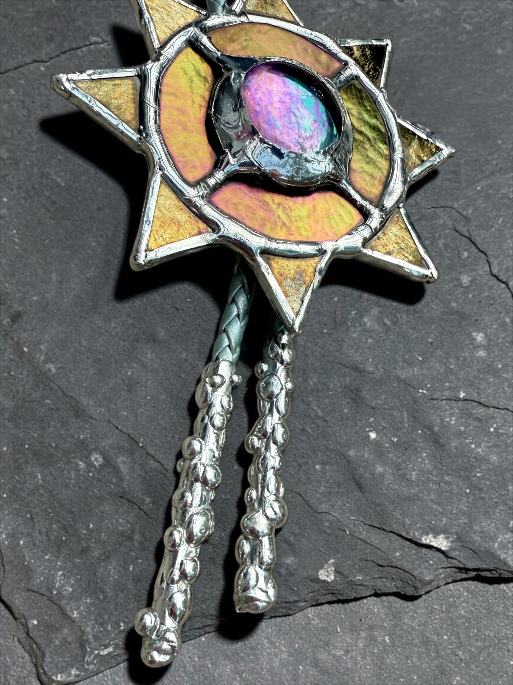 Whimsigoth Sun Bolo Tie – Handmade Stained Glass Western Necklace – Opal-Like Glass Statement Piece – Celestial, Festival, Cowboy Fashion