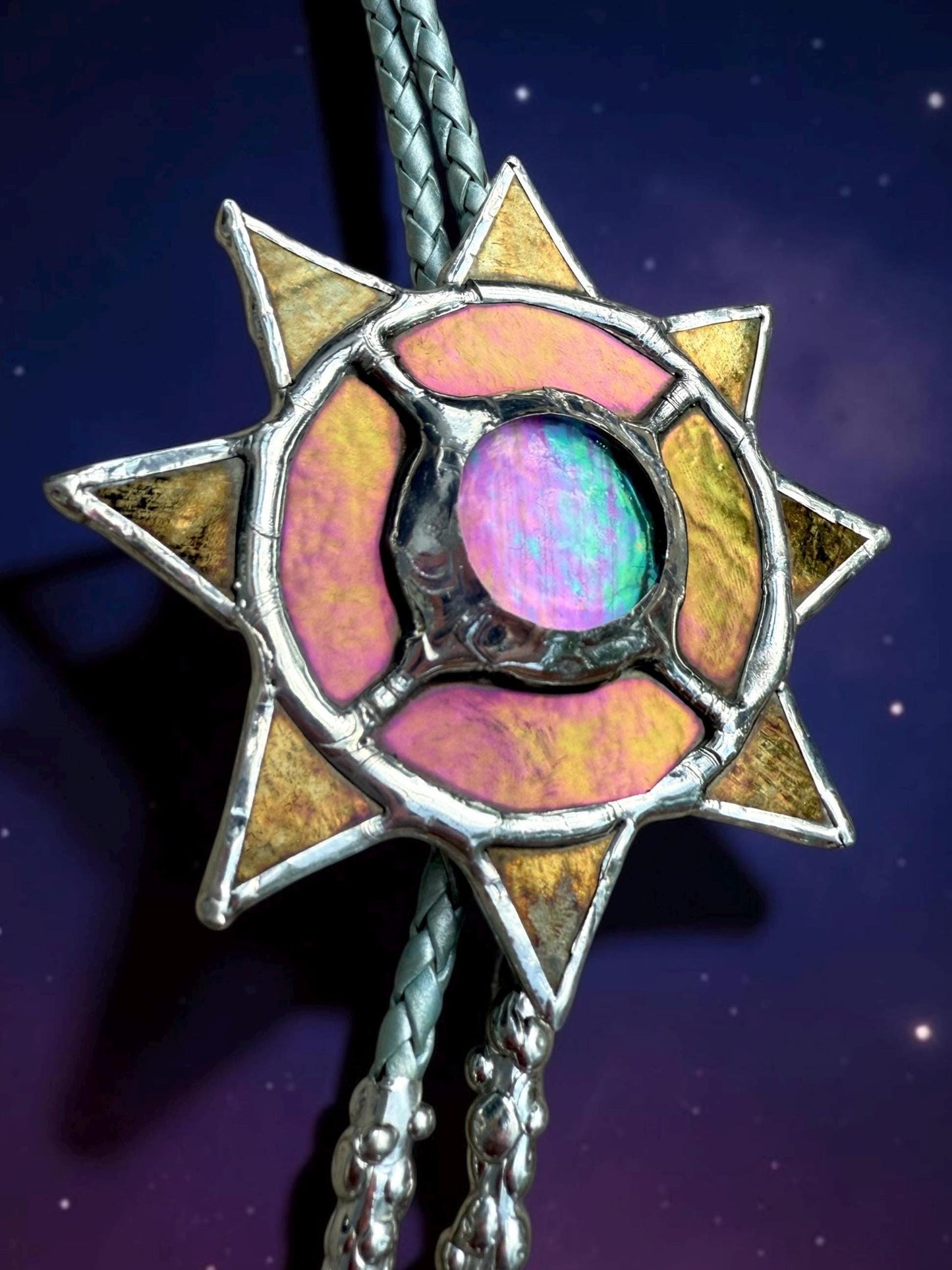 Whimsigoth Sun Bolo Tie – Handmade Stained Glass Western Necklace – Opal-Like Glass Statement Piece – Celestial, Festival, Cowboy Fashion