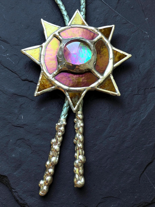 Whimsigoth Sun Bolo Tie – Handmade Stained Glass Western Necklace – Opal-Like Glass Statement Piece – Celestial, Festival, Cowboy Fashion