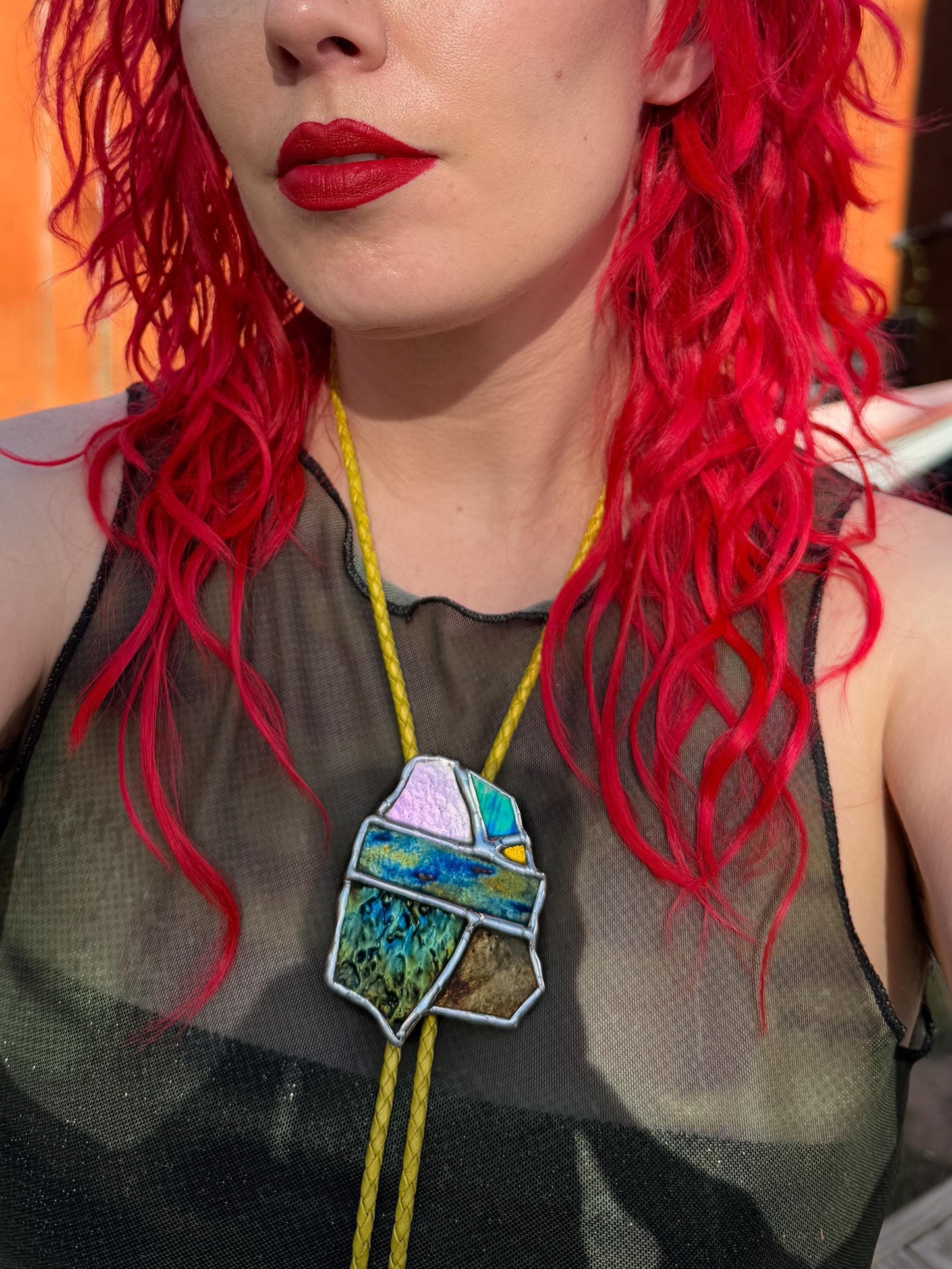 Brutalist Stained Glass Bolo Tie | Handmade Unisex Western Statement Necklace - Whimsical Jewelry + Festival Fashion for Celestial Beings