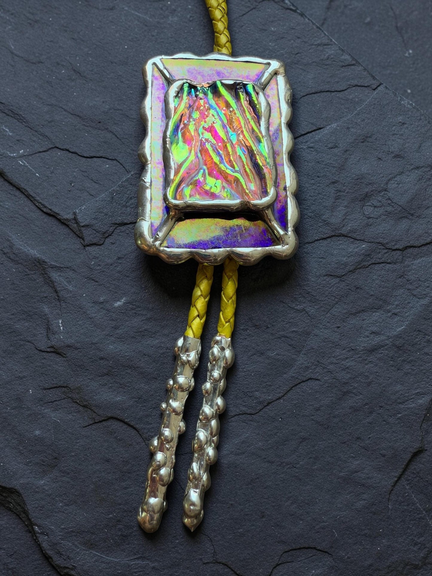 Holographic Stained Glass Bolo Tie – Cobalt Blue + Yellow Western Statement Cord Necklace for Festival, Rave and Celestial Cowboy Fashion