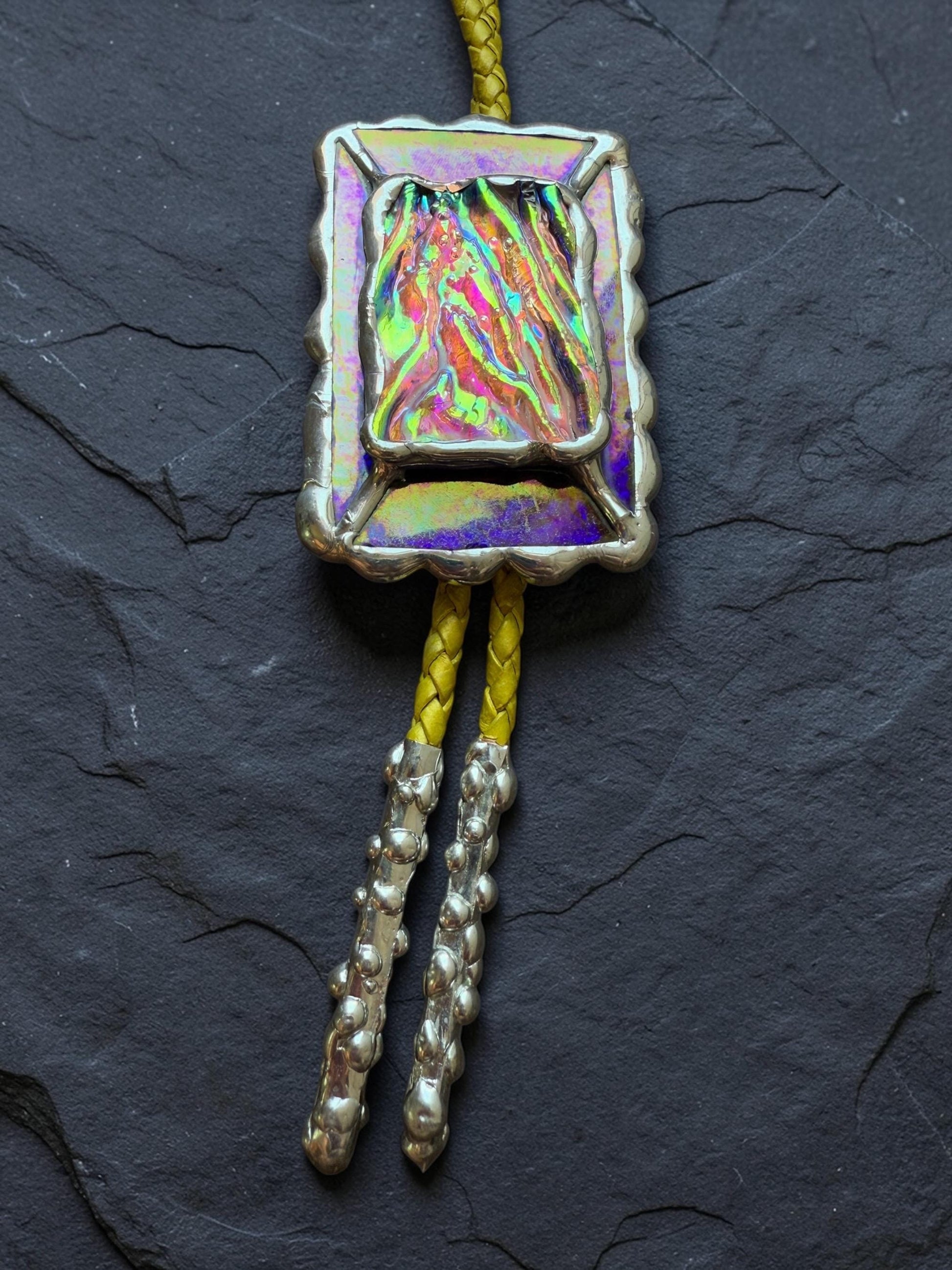 Holographic Stained Glass Bolo Tie – Cobalt Blue + Yellow Western Statement Cord Necklace for Festival, Rave and Celestial Cowboy Fashion