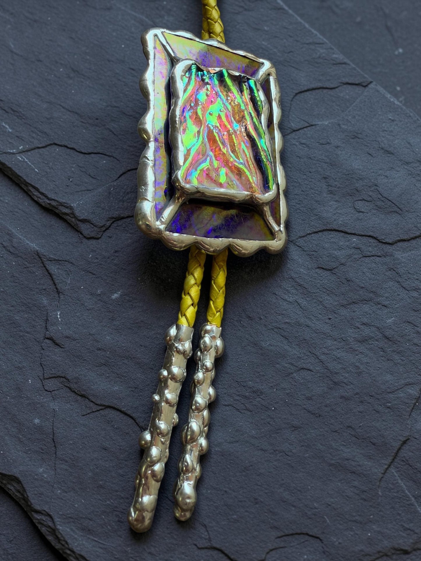 Holographic Stained Glass Bolo Tie – Cobalt Blue + Yellow Western Statement Cord Necklace for Festival, Rave and Celestial Cowboy Fashion