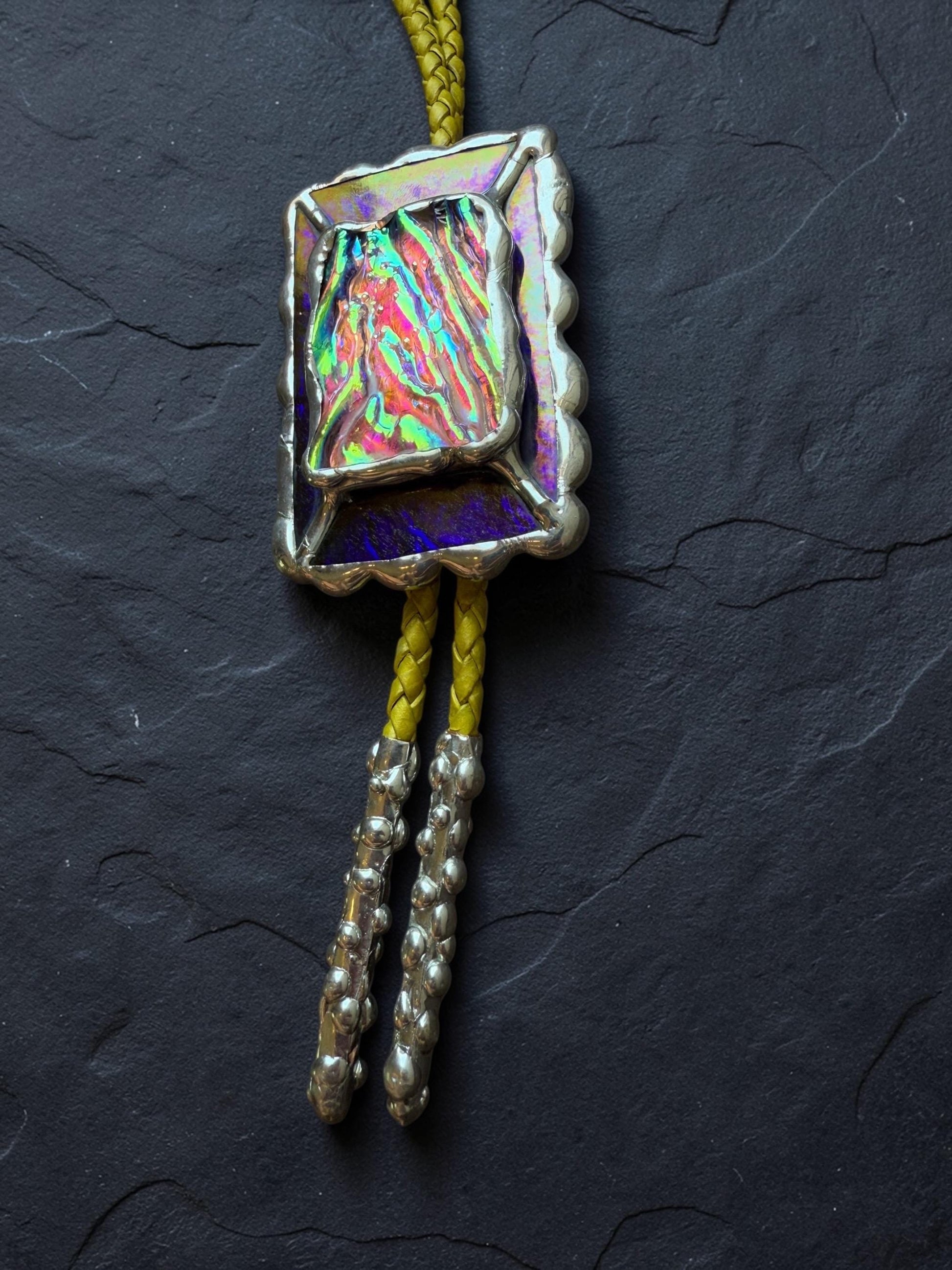 Holographic Stained Glass Bolo Tie – Cobalt Blue + Yellow Western Statement Cord Necklace for Festival, Rave and Celestial Cowboy Fashion