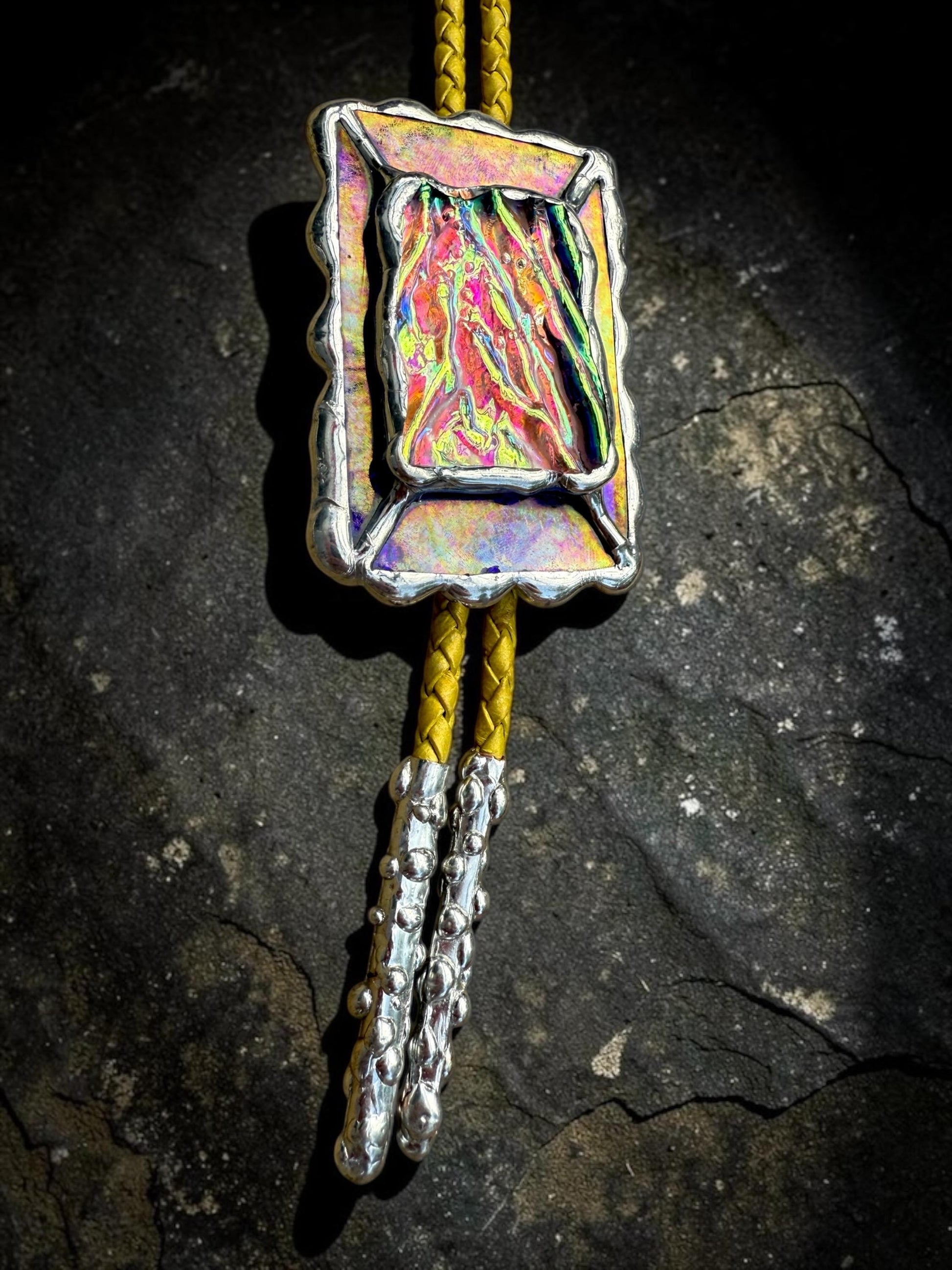 Holographic Stained Glass Bolo Tie – Cobalt Blue + Yellow Western Statement Cord Necklace for Festival, Rave and Celestial Cowboy Fashion