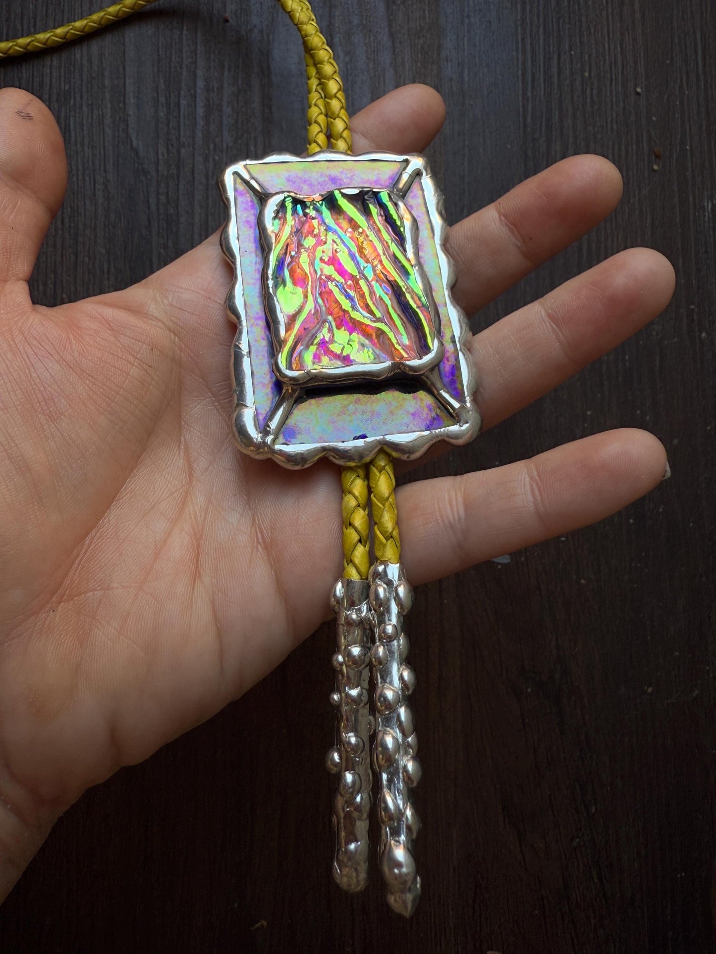 Holographic Stained Glass Bolo Tie – Cobalt Blue + Yellow Western Statement Cord Necklace for Festival, Rave and Celestial Cowboy Fashion