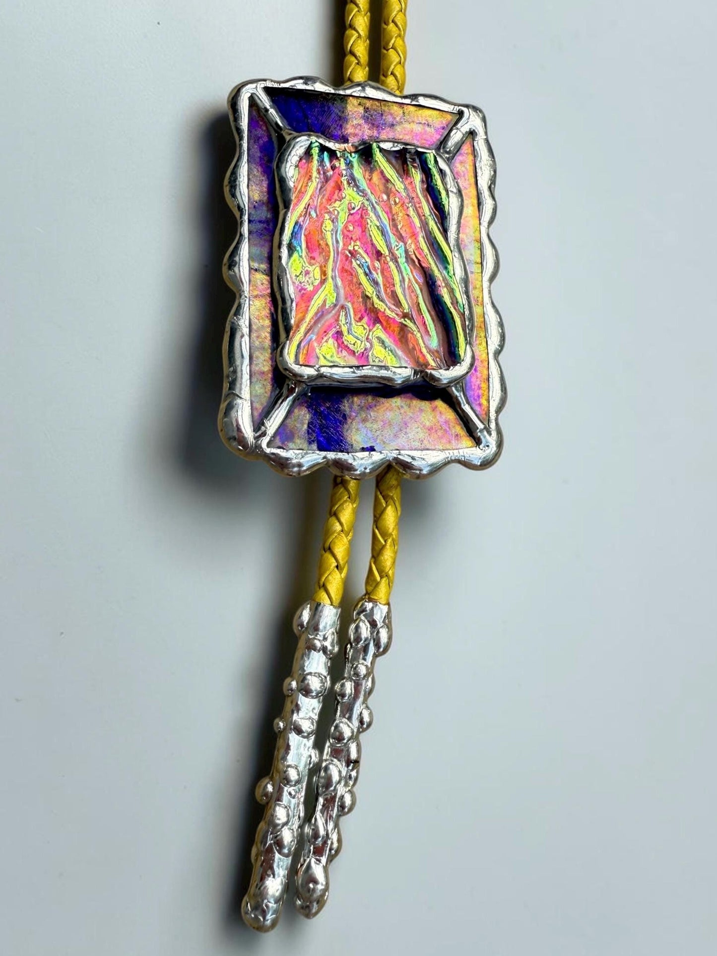 Holographic Stained Glass Bolo Tie – Cobalt Blue + Yellow Western Statement Cord Necklace for Festival, Rave and Celestial Cowboy Fashion