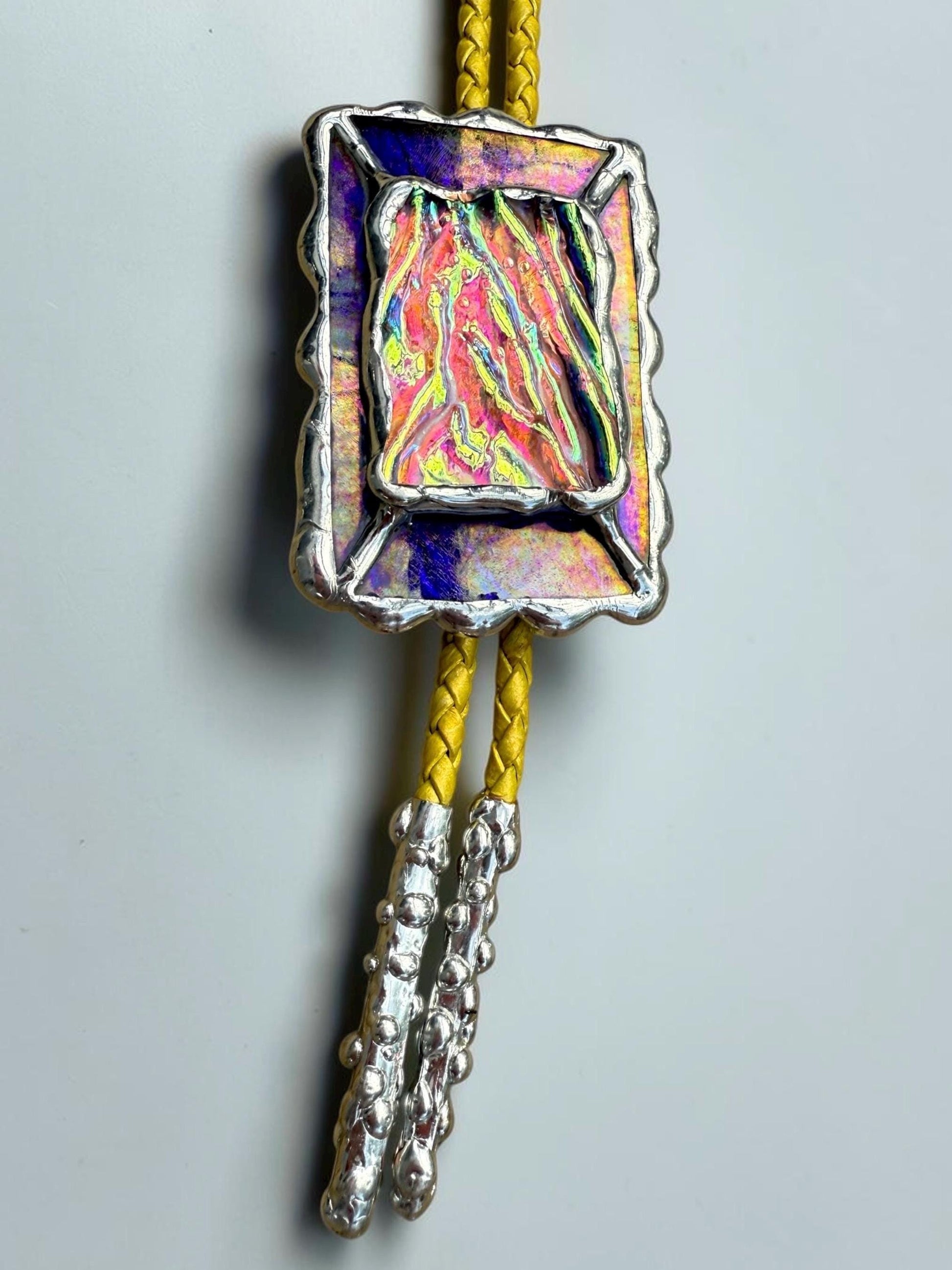 Holographic Stained Glass Bolo Tie – Cobalt Blue + Yellow Western Statement Cord Necklace for Festival, Rave and Celestial Cowboy Fashion