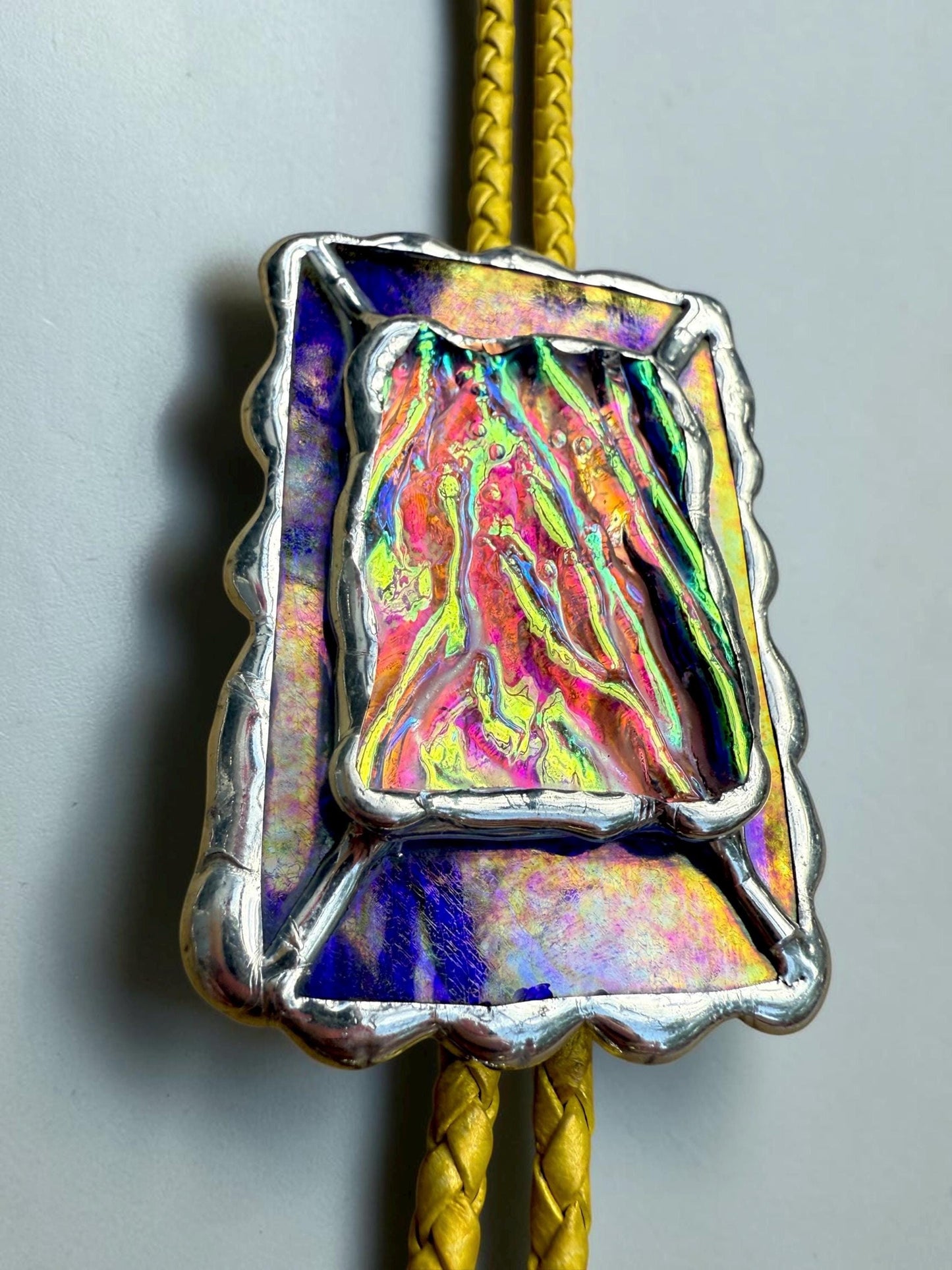 Holographic Stained Glass Bolo Tie – Cobalt Blue + Yellow Western Statement Cord Necklace for Festival, Rave and Celestial Cowboy Fashion
