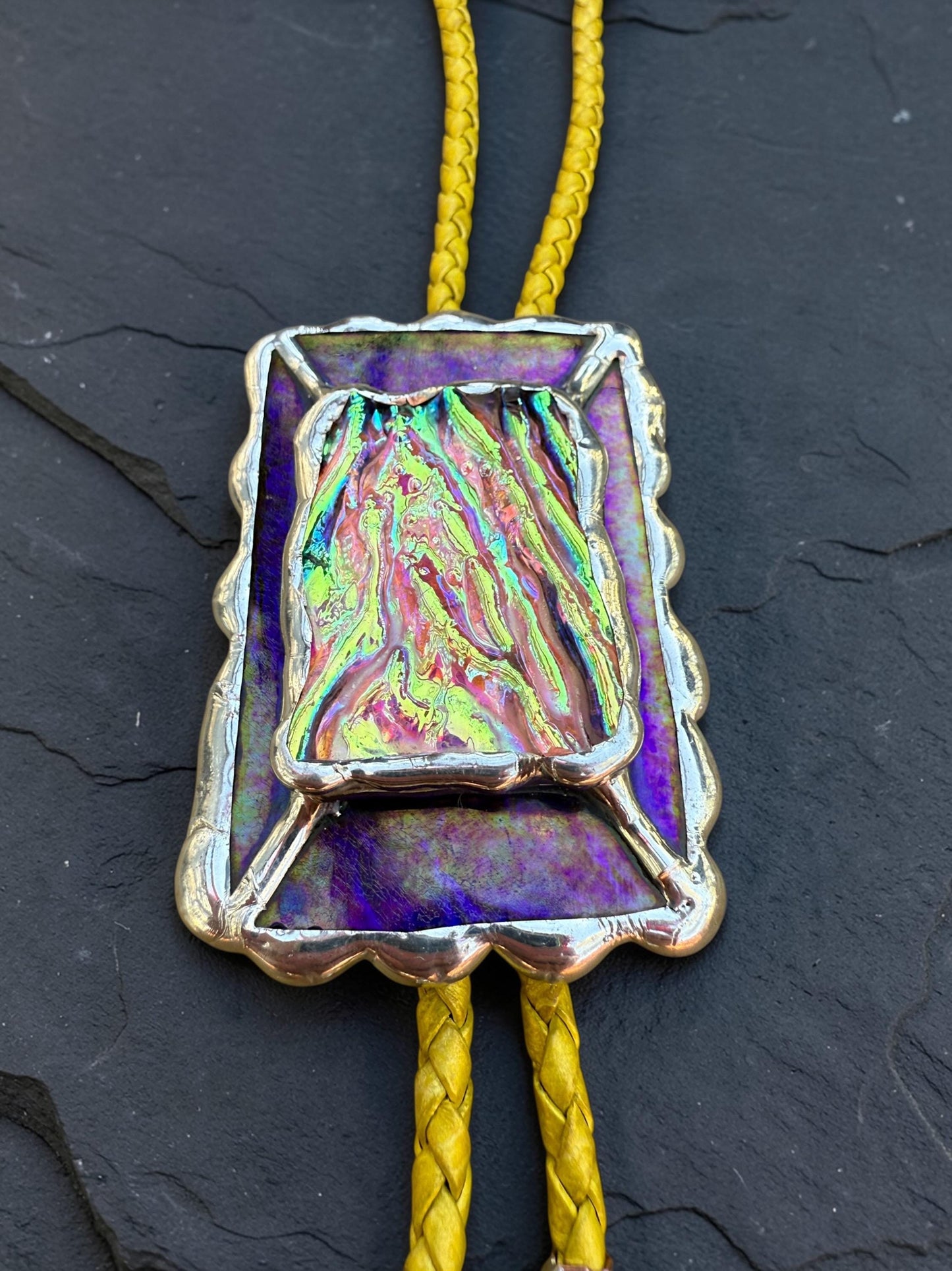 Holographic Stained Glass Bolo Tie – Cobalt Blue + Yellow Western Statement Cord Necklace for Festival, Rave and Celestial Cowboy Fashion