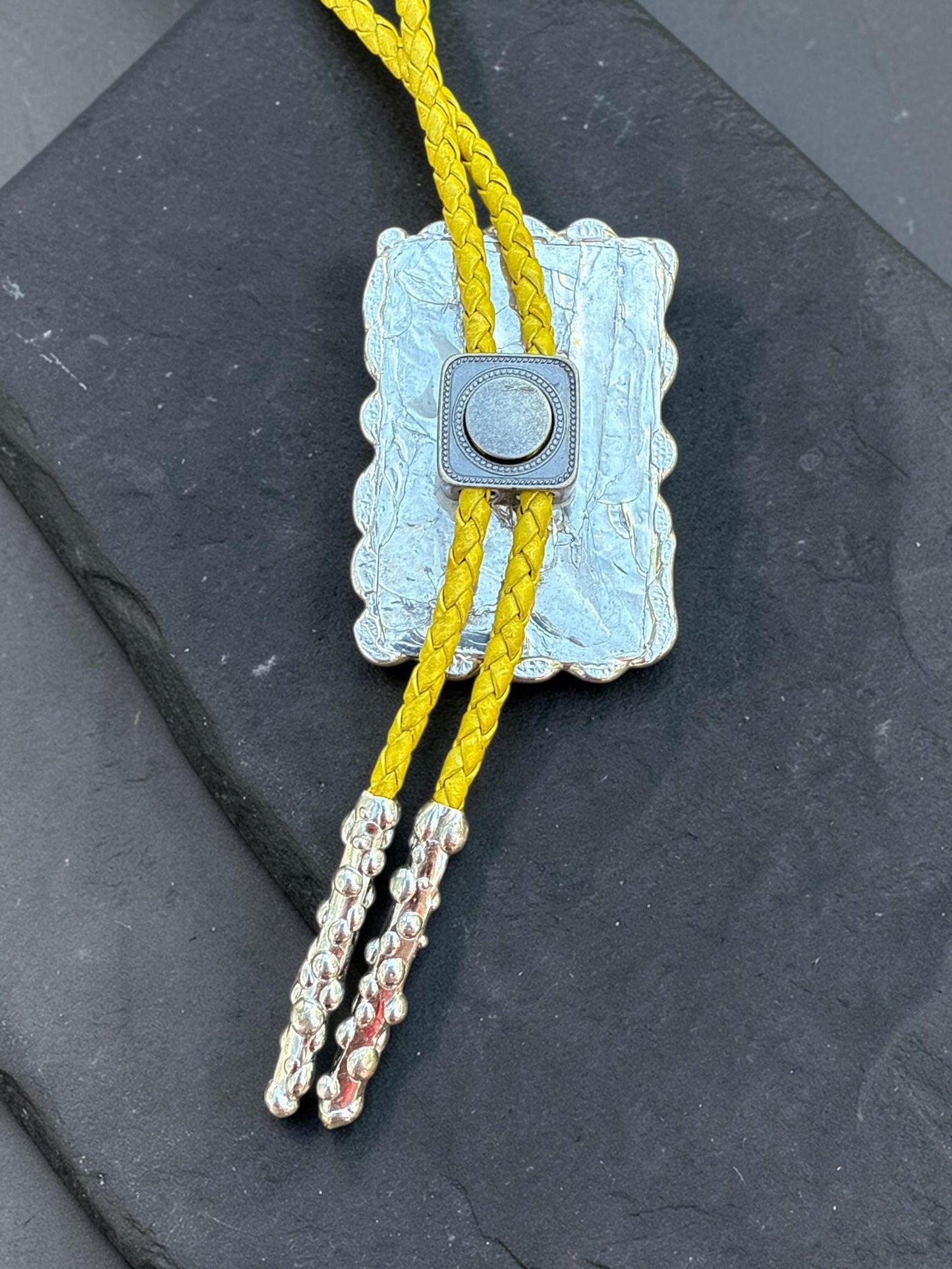 Holographic Stained Glass Bolo Tie – Cobalt Blue + Yellow Western Statement Cord Necklace for Festival, Rave and Celestial Cowboy Fashion