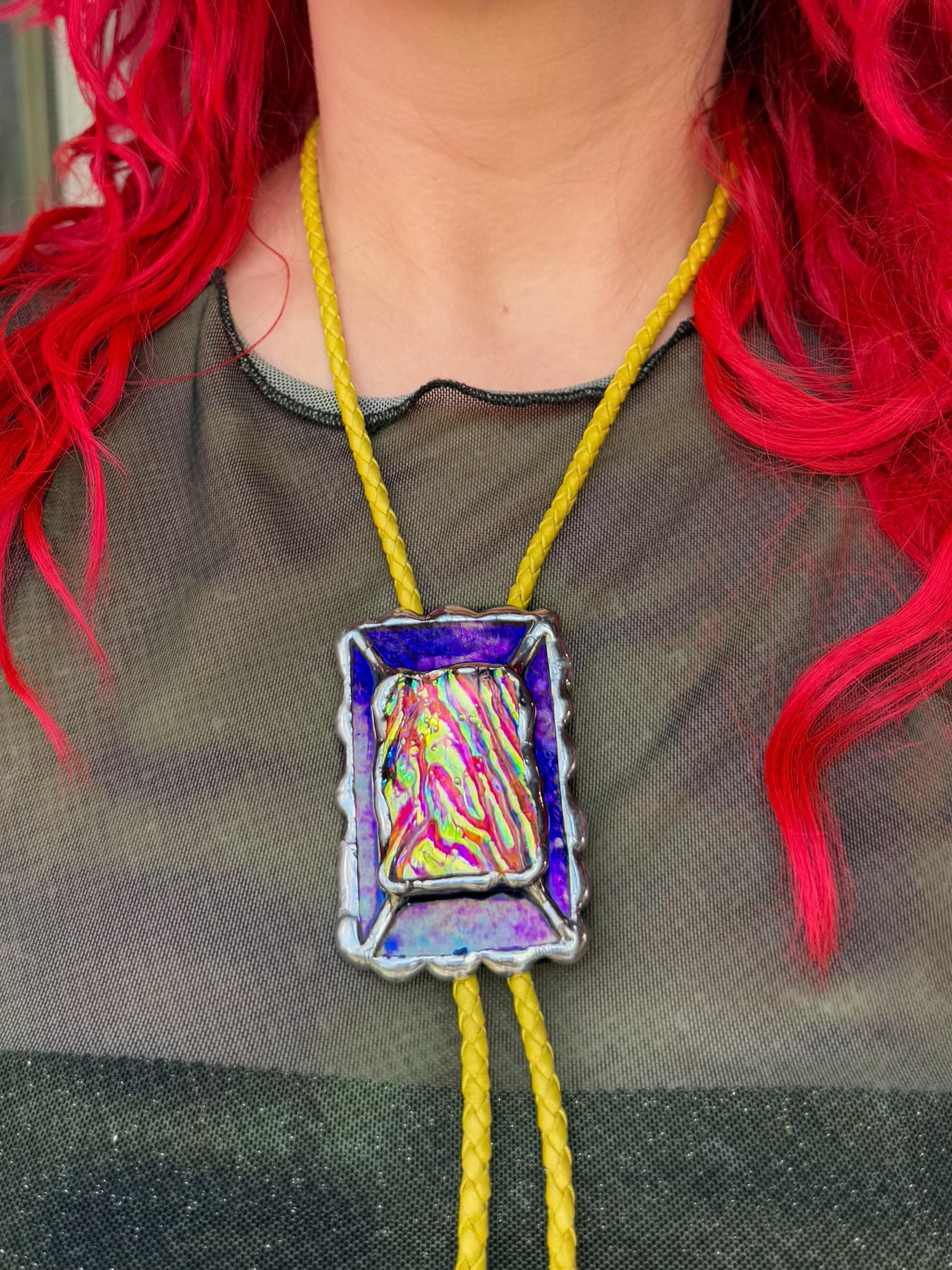 Holographic Stained Glass Bolo Tie – Cobalt Blue + Yellow Western Statement Cord Necklace for Festival, Rave and Celestial Cowboy Fashion