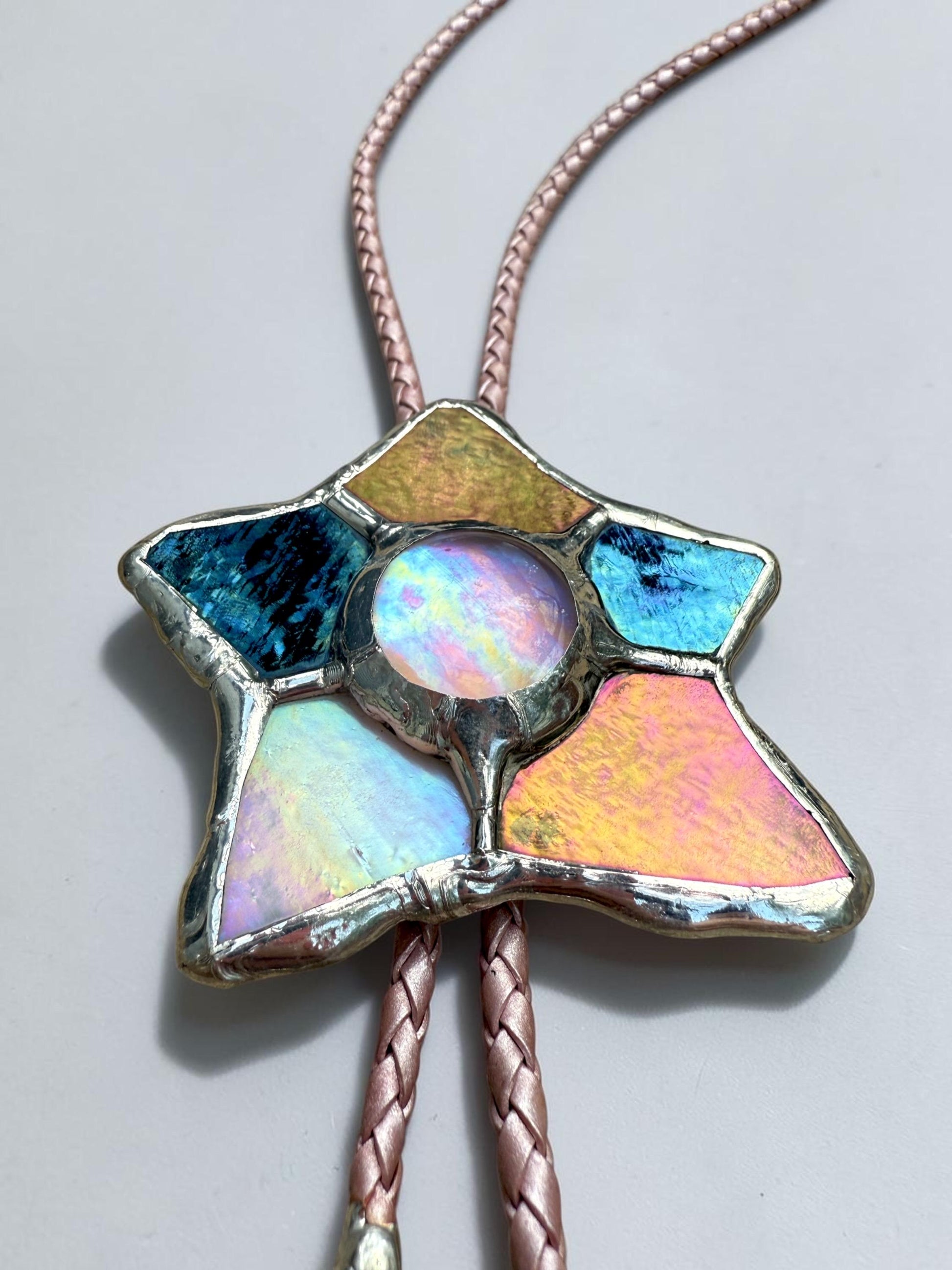 Whimsigoth Star Bolo Tie – Handmade Stained Glass Western Statement Necklace – Whimsical Jewelry for Festival Fashion and Celestial Beings