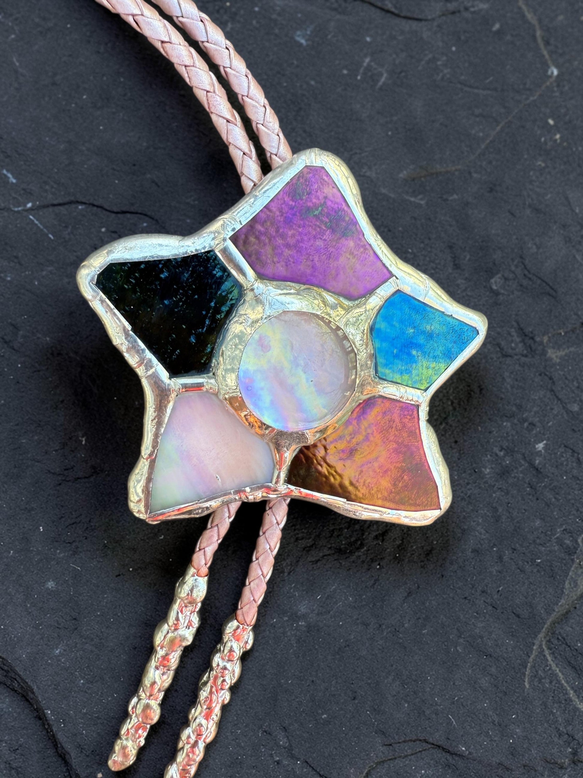 Whimsigoth Star Bolo Tie – Handmade Stained Glass Western Statement Necklace – Whimsical Jewelry for Festival Fashion and Celestial Beings