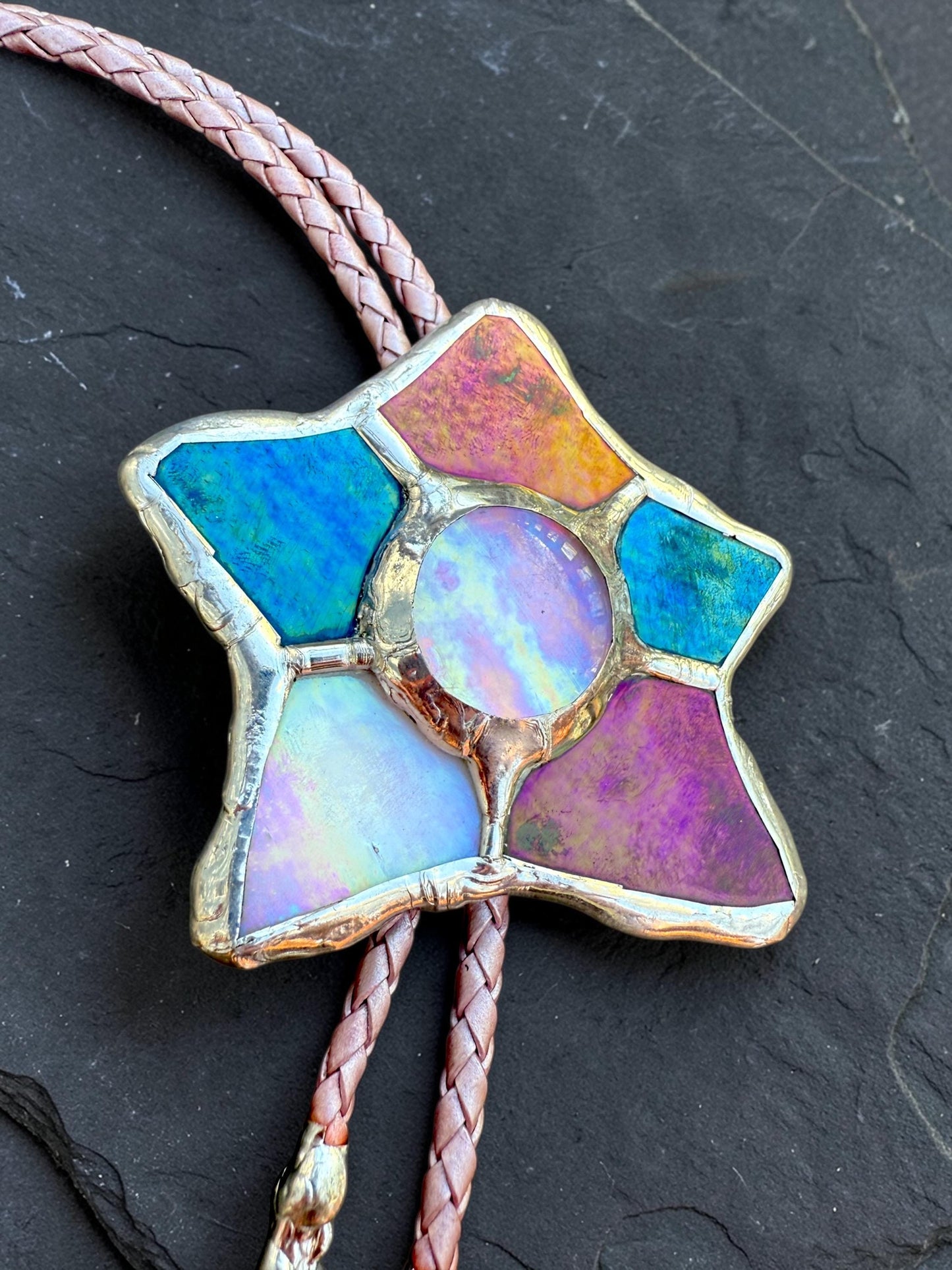 Whimsigoth Star Bolo Tie – Handmade Stained Glass Western Statement Necklace – Whimsical Jewelry for Festival Fashion and Celestial Beings