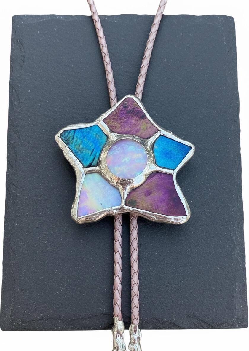 Whimsigoth Star Bolo Tie – Handmade Stained Glass Western Statement Necklace – Whimsical Jewelry for Festival Fashion and Celestial Beings