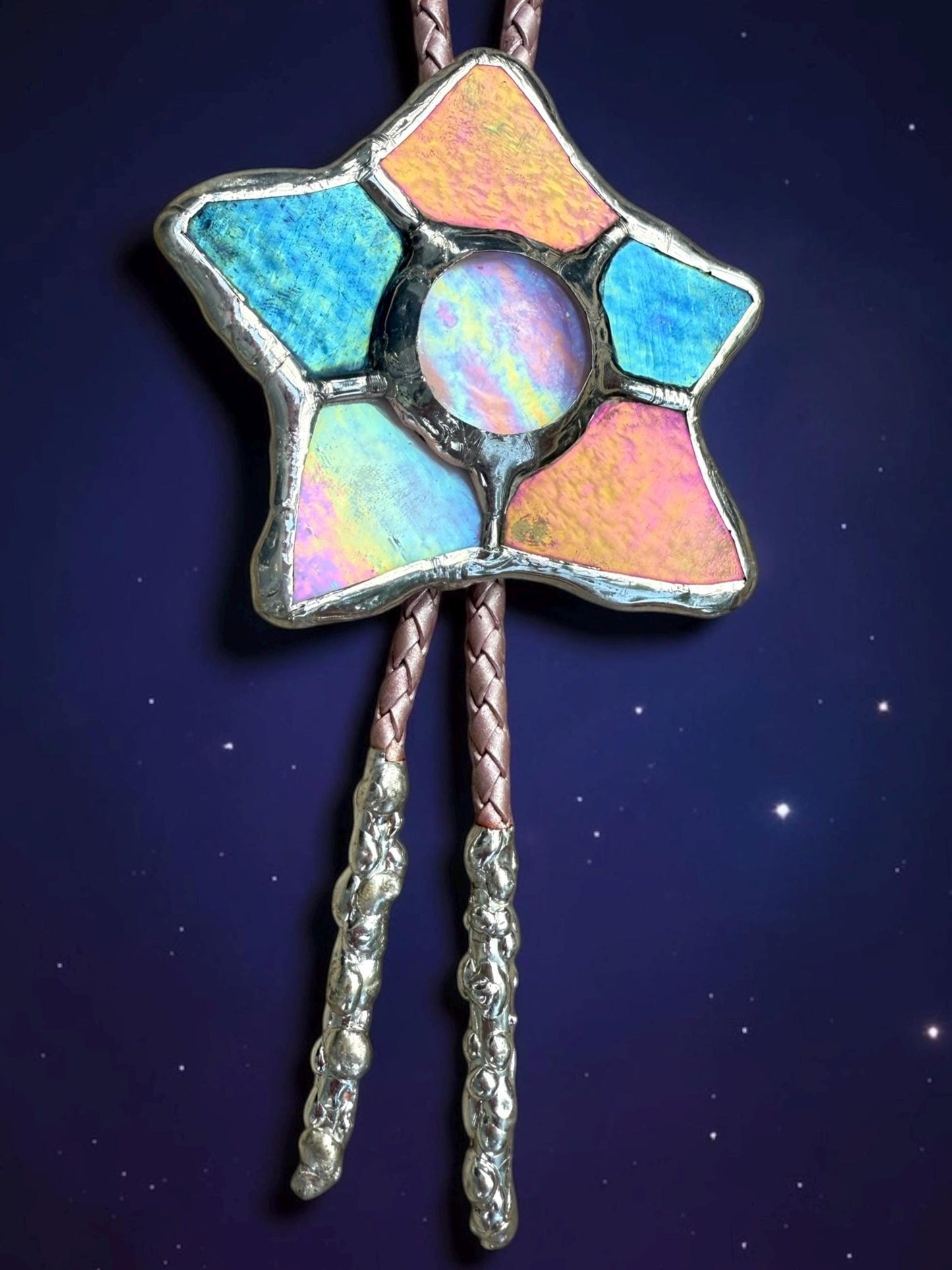 Whimsigoth Star Bolo Tie – Handmade Stained Glass Western Statement Necklace – Whimsical Jewelry for Festival Fashion and Celestial Beings