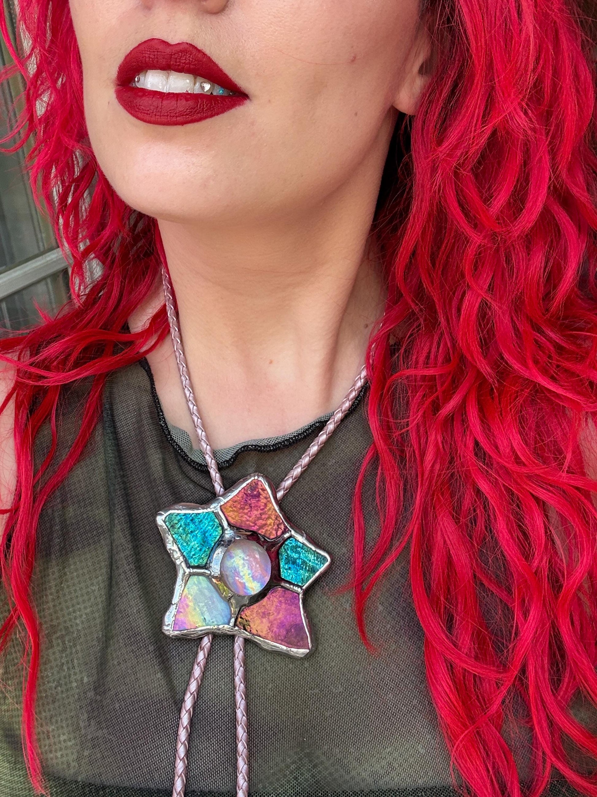 Whimsigoth Star Bolo Tie – Handmade Stained Glass Western Statement Necklace – Whimsical Jewelry for Festival Fashion and Celestial Beings