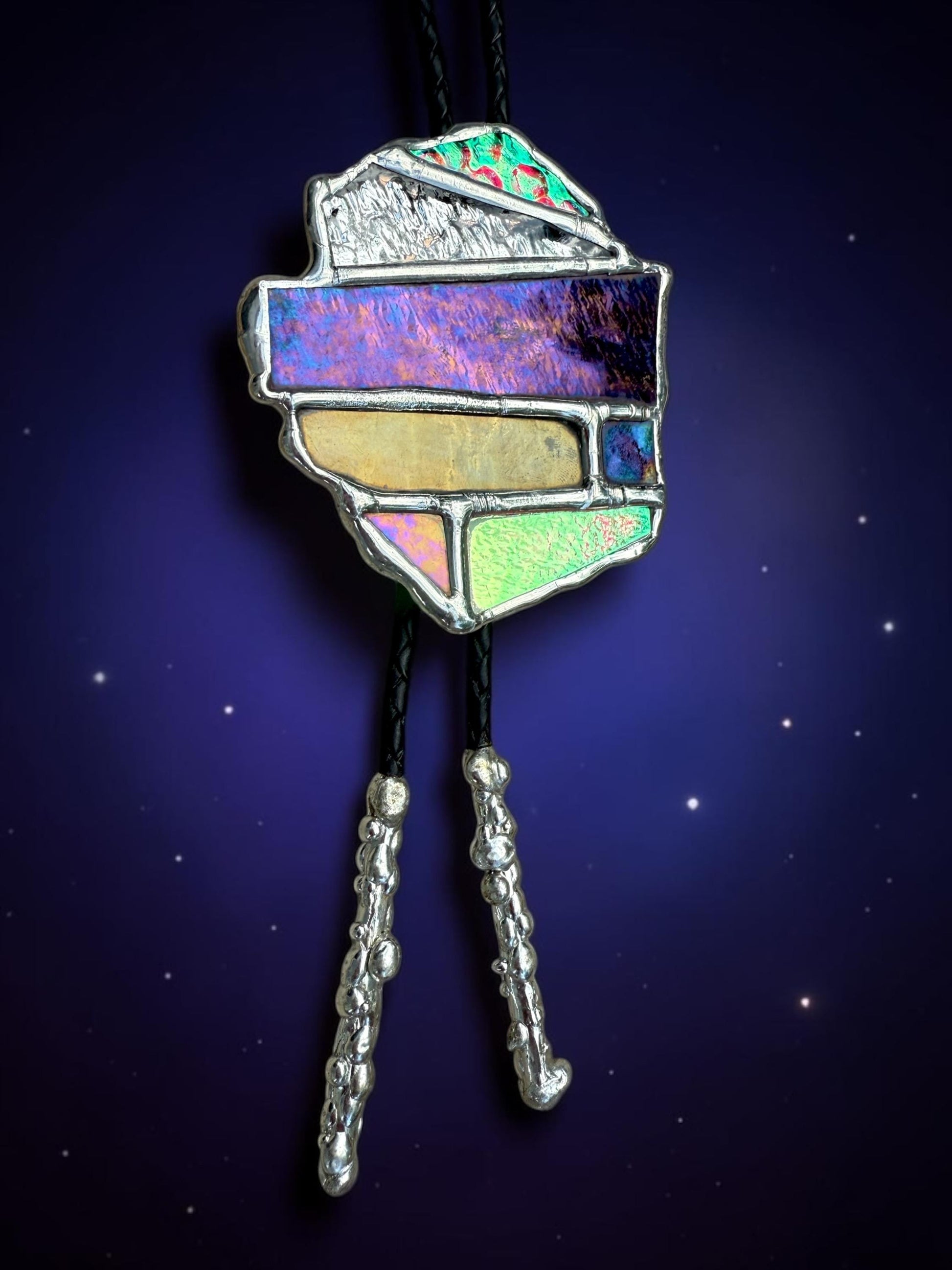 Brutalist Holographic Stained Glass Bolo Tie – Handmade Western Necklace | Whimsical Jewelry for Festival Fashion and Celestial Cowboy Vibes