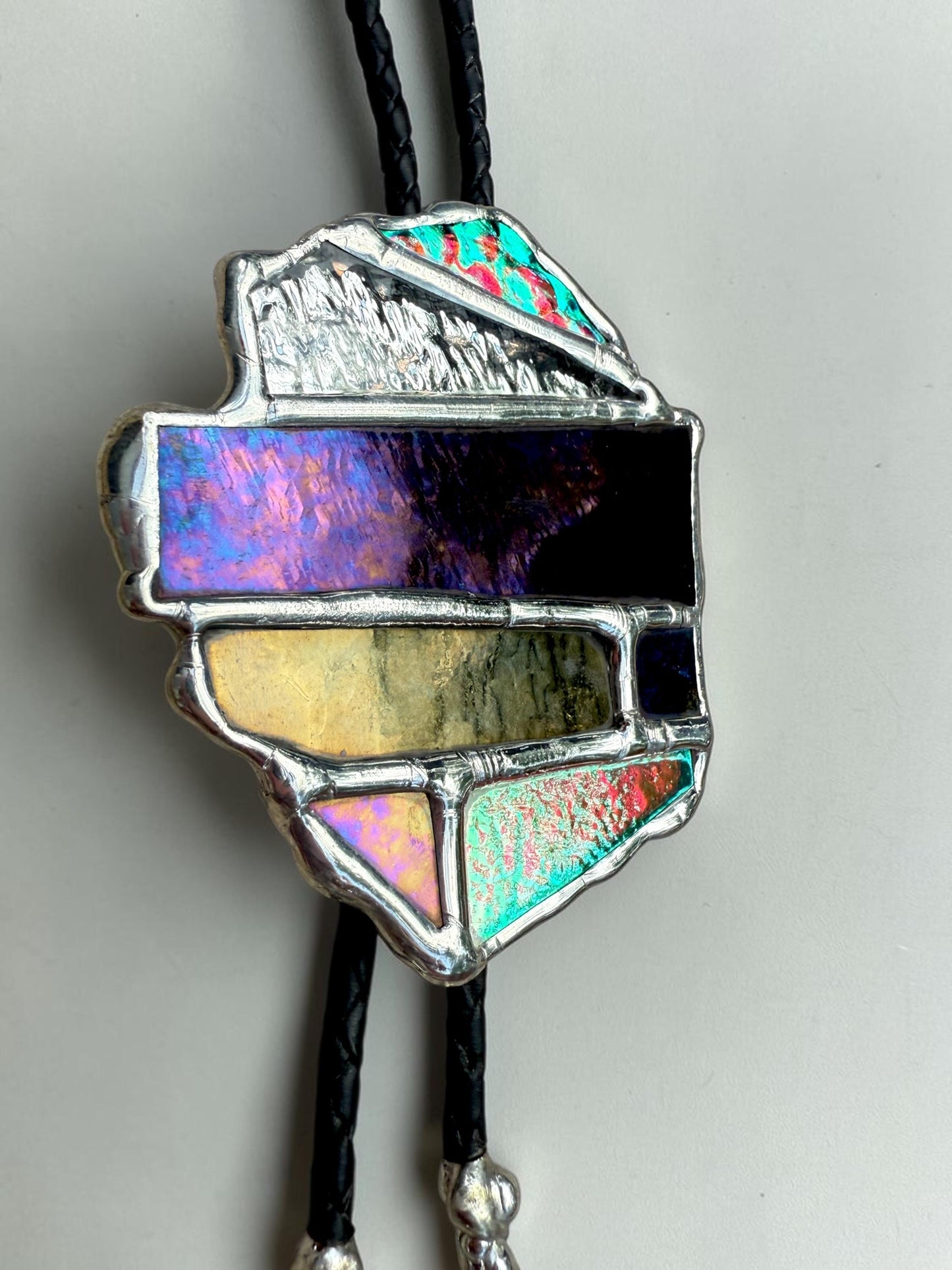 Brutalist Holographic Stained Glass Bolo Tie – Handmade Western Necklace | Whimsical Jewelry for Festival Fashion and Celestial Cowboy Vibes