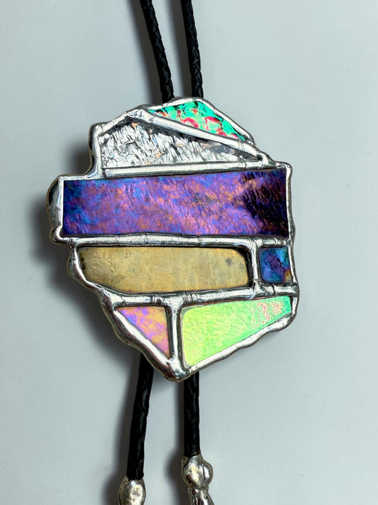 Brutalist Holographic Stained Glass Bolo Tie – Handmade Western Necklace | Whimsical Jewelry for Festival Fashion and Celestial Cowboy Vibes