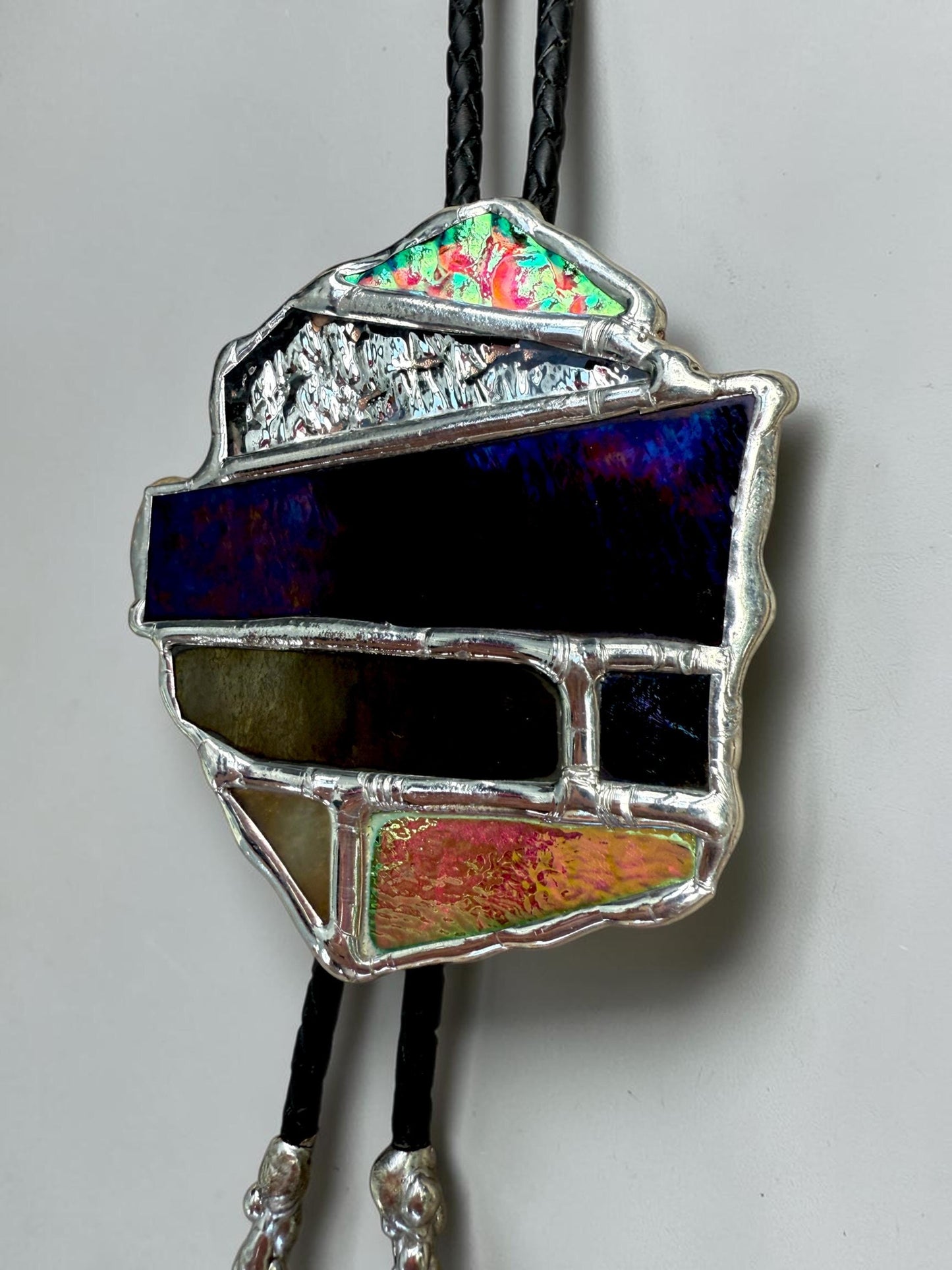 Brutalist Holographic Stained Glass Bolo Tie – Handmade Western Necklace | Whimsical Jewelry for Festival Fashion and Celestial Cowboy Vibes