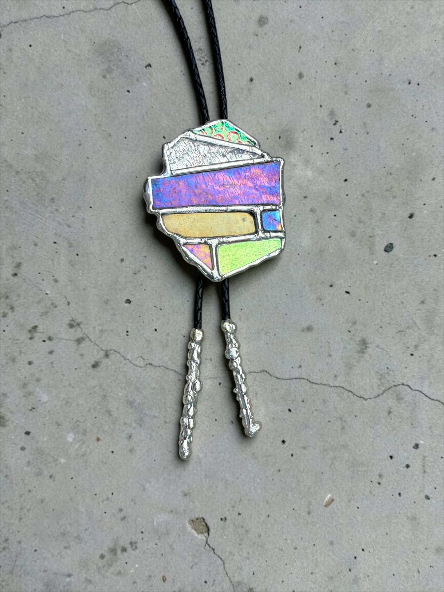 Brutalist Holographic Stained Glass Bolo Tie – Handmade Western Necklace | Whimsical Jewelry for Festival Fashion and Celestial Cowboy Vibes