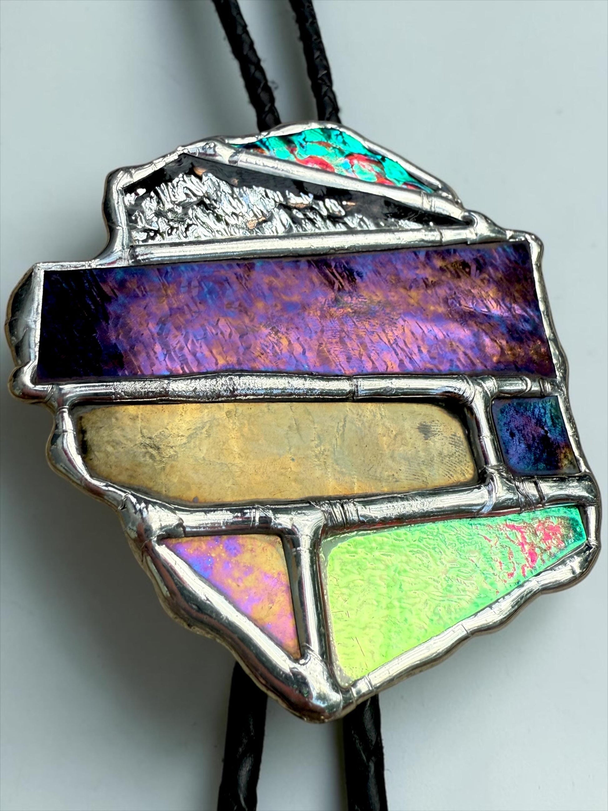 Brutalist Holographic Stained Glass Bolo Tie – Handmade Western Necklace | Whimsical Jewelry for Festival Fashion and Celestial Cowboy Vibes
