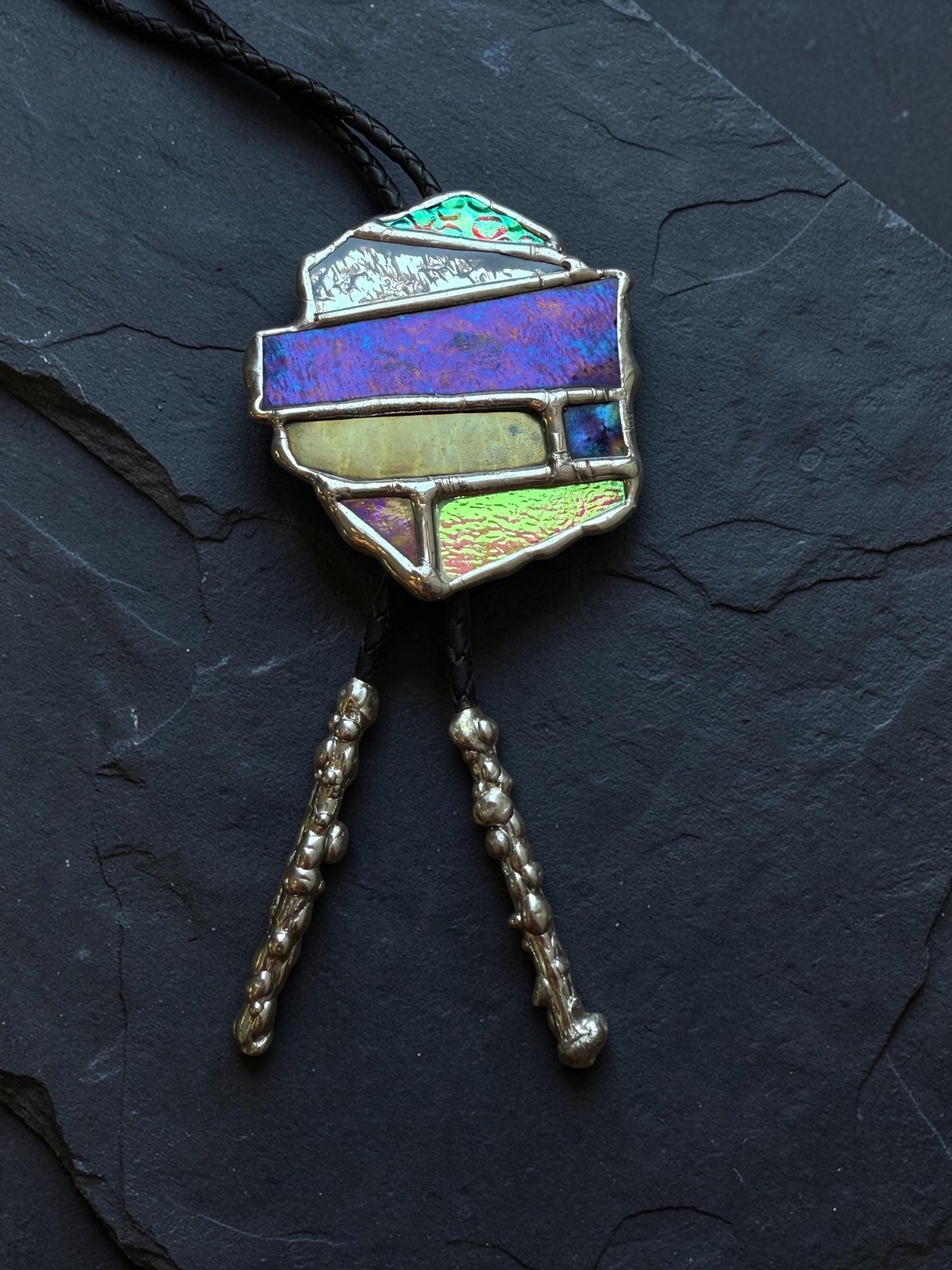 Brutalist Holographic Stained Glass Bolo Tie – Handmade Western Necklace | Whimsical Jewelry for Festival Fashion and Celestial Cowboy Vibes