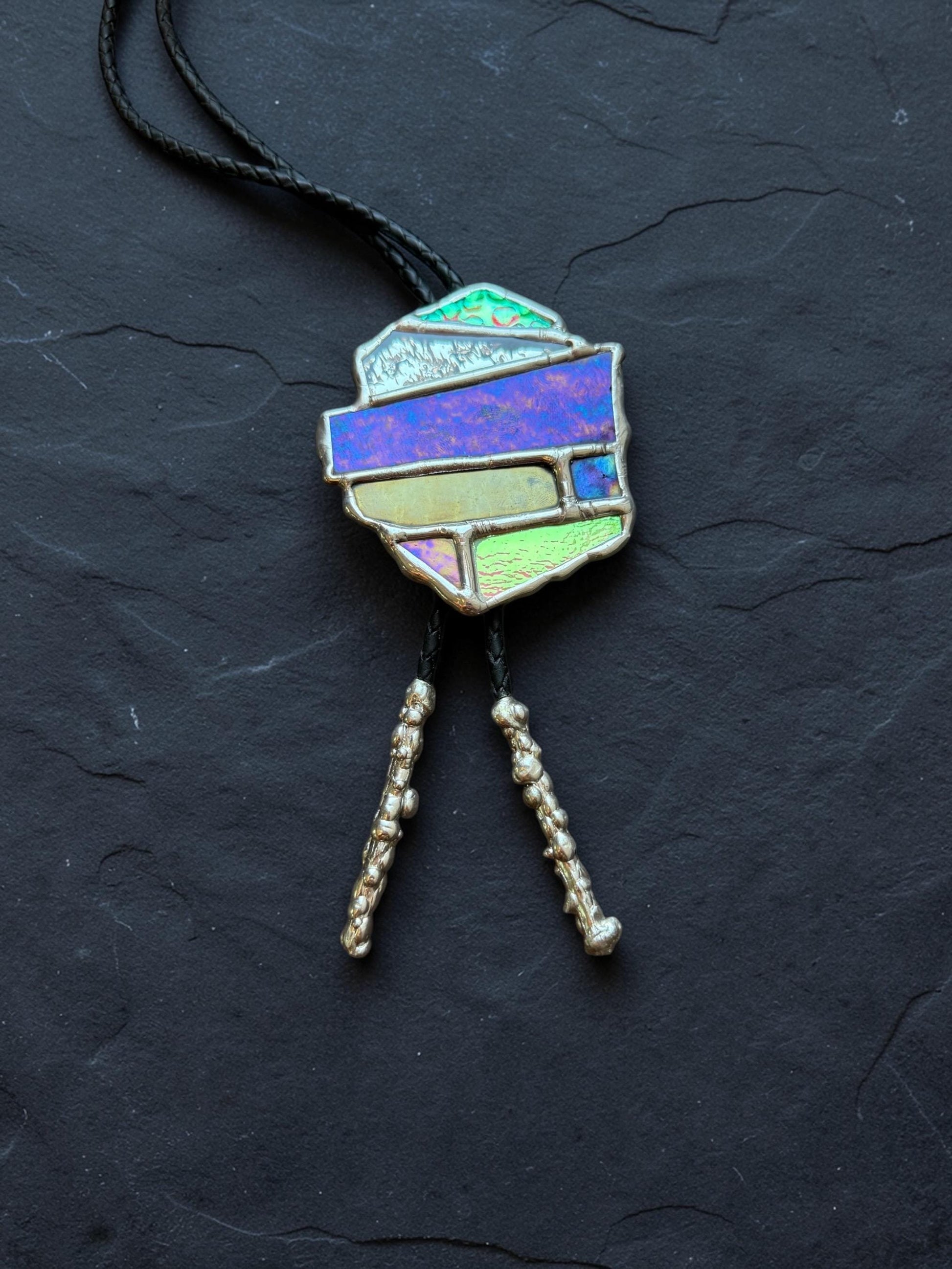 Brutalist Holographic Stained Glass Bolo Tie – Handmade Western Necklace | Whimsical Jewelry for Festival Fashion and Celestial Cowboy Vibes