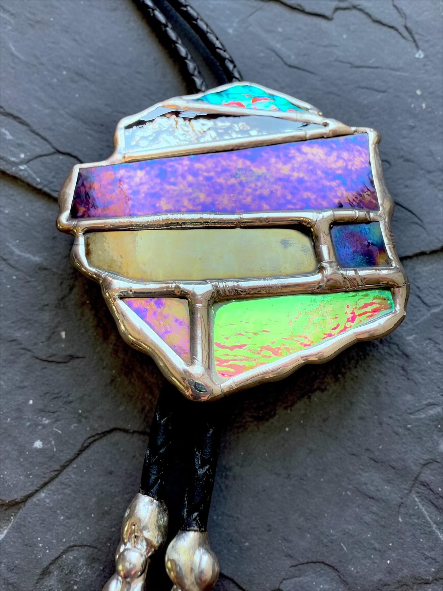Brutalist Holographic Stained Glass Bolo Tie – Handmade Western Necklace | Whimsical Jewelry for Festival Fashion and Celestial Cowboy Vibes