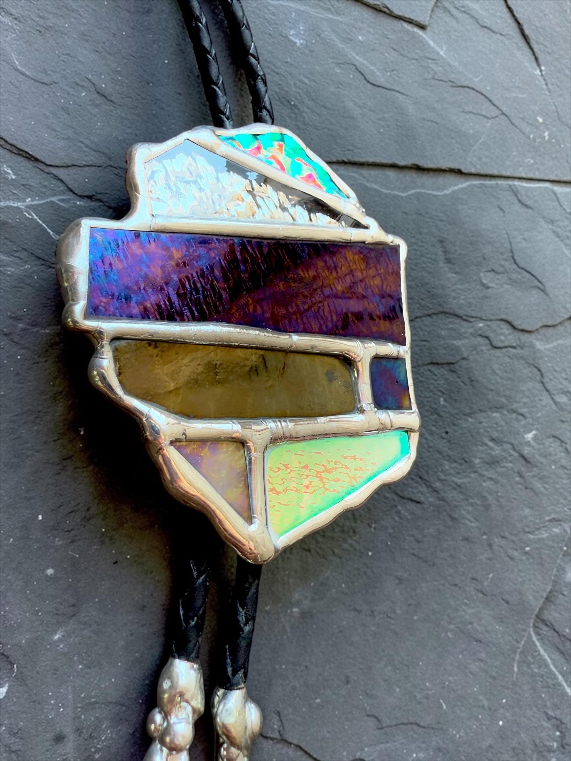 Brutalist Holographic Stained Glass Bolo Tie – Handmade Western Necklace | Whimsical Jewelry for Festival Fashion and Celestial Cowboy Vibes