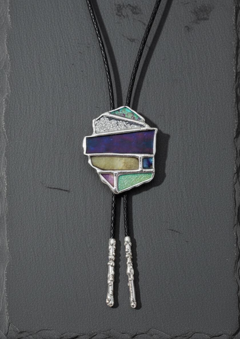 Brutalist Holographic Stained Glass Bolo Tie – Handmade Western Necklace | Whimsical Jewelry for Festival Fashion and Celestial Cowboy Vibes