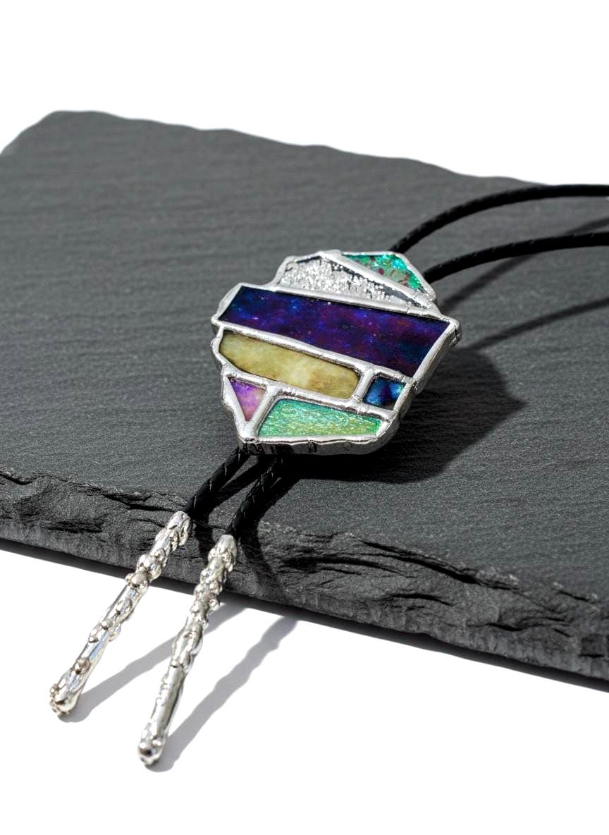Brutalist Holographic Stained Glass Bolo Tie – Handmade Western Necklace | Whimsical Jewelry for Festival Fashion and Celestial Cowboy Vibes