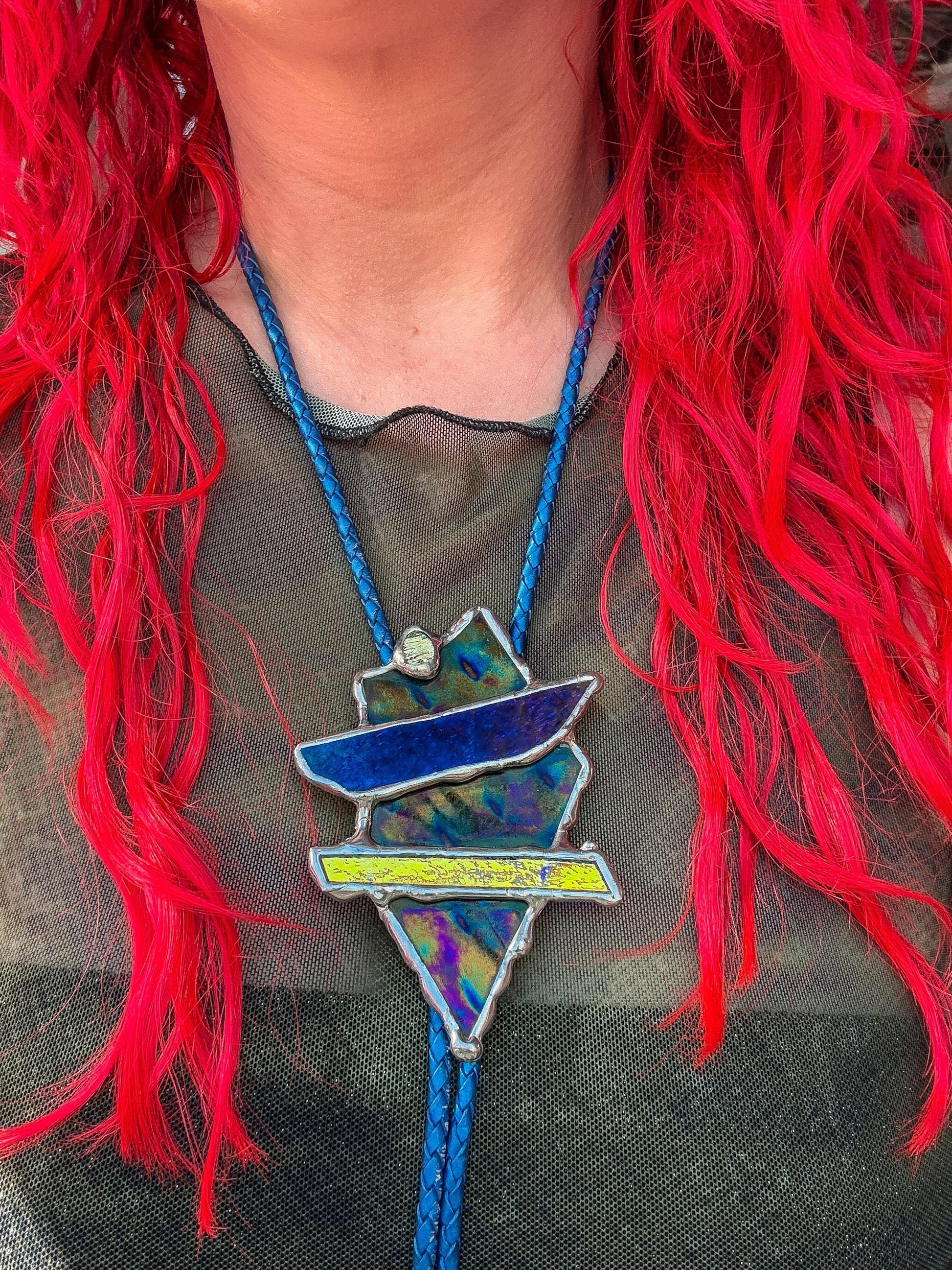 Brutalist Stained Glass Bolo Tie – Handmade Western Necklace | Whimsical Jewelry for Festival Fashion and Celestial Cowboy Vibes