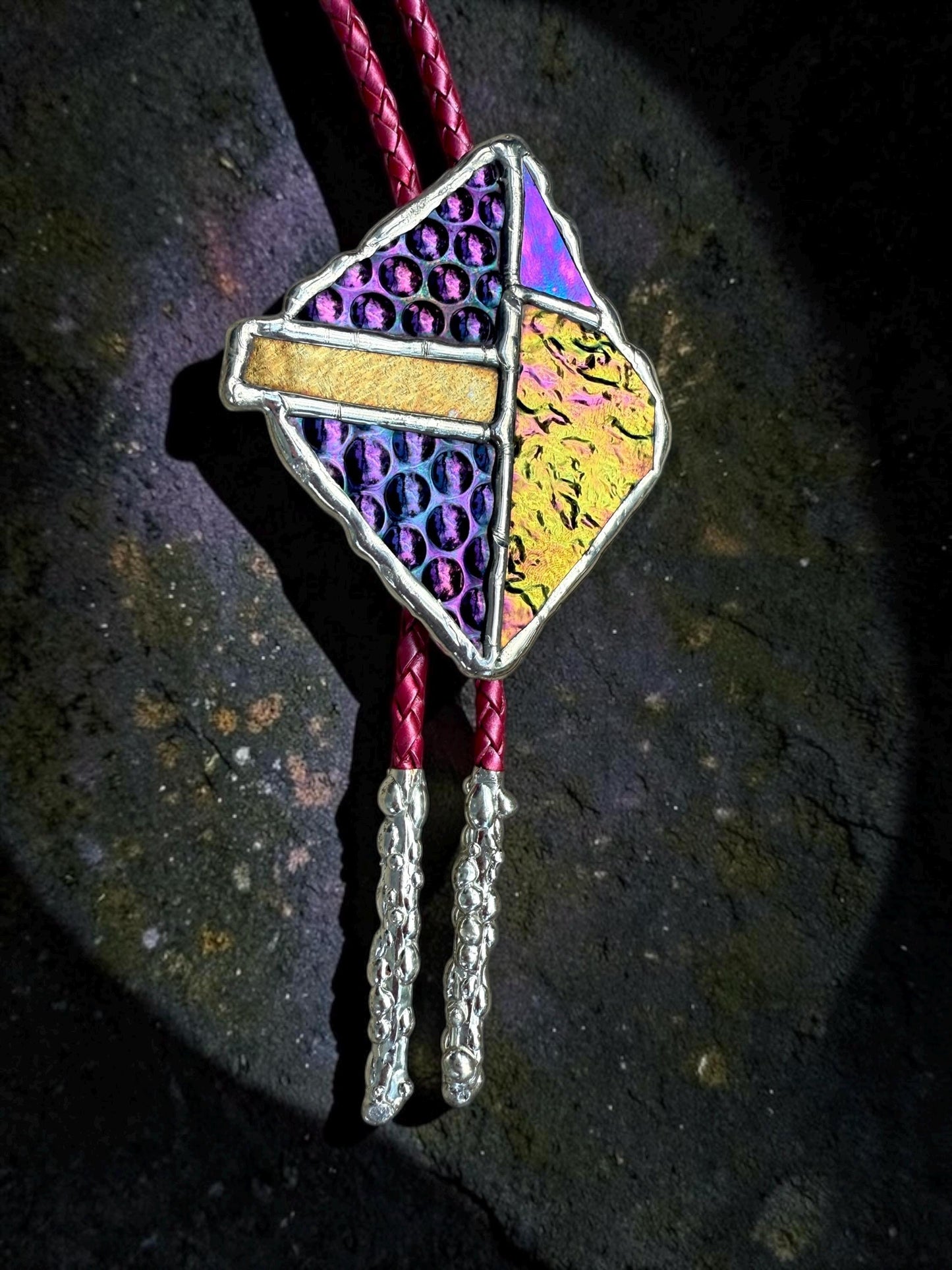 Brutalist Stained Glass Bolo Tie – Handmade Western Necklace | Whimsical Jewelry for Festival Fashion and Celestial Cowboy Vibes