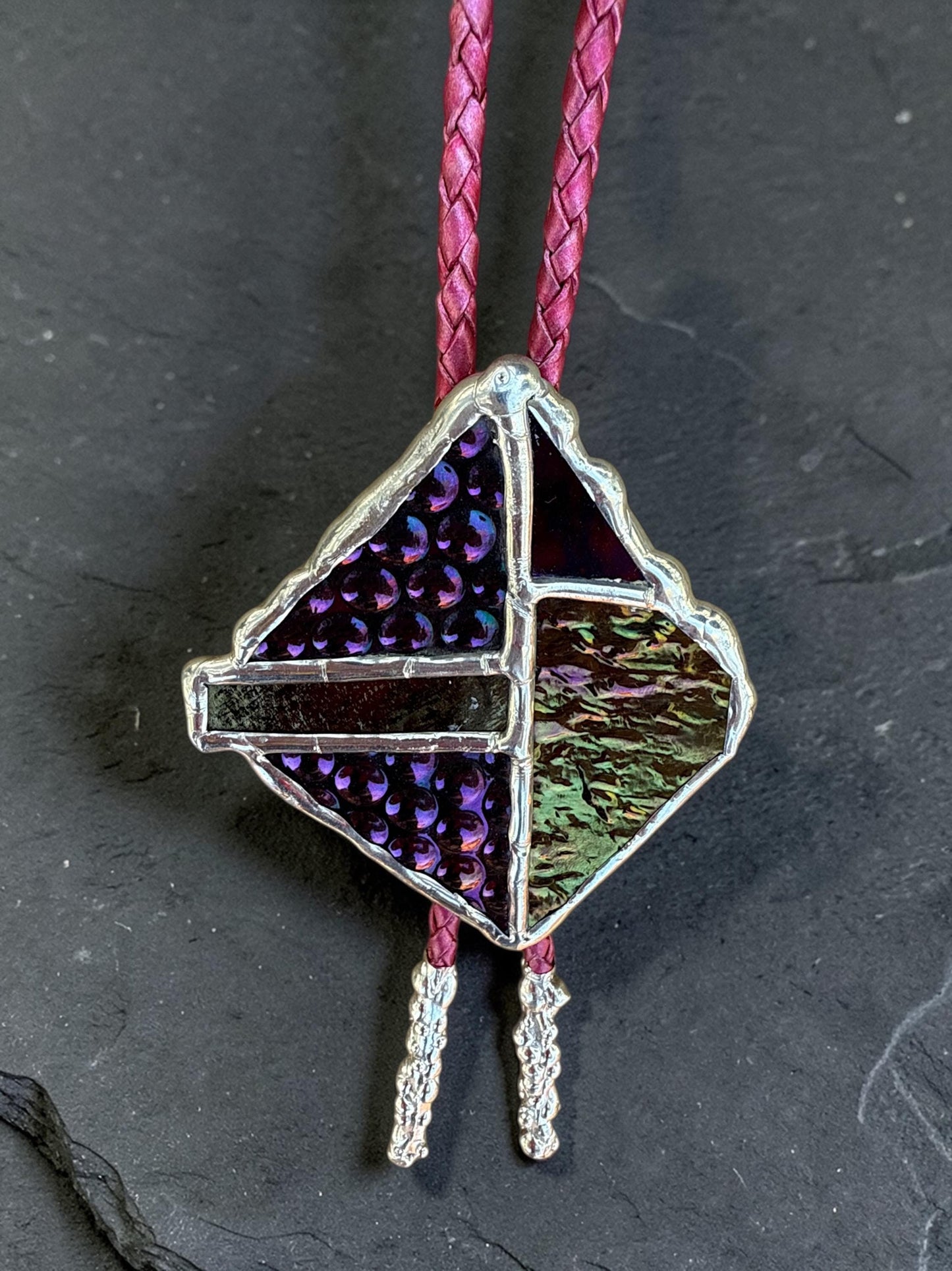 Brutalist Stained Glass Bolo Tie – Handmade Western Necklace | Whimsical Jewelry for Festival Fashion and Celestial Cowboy Vibes