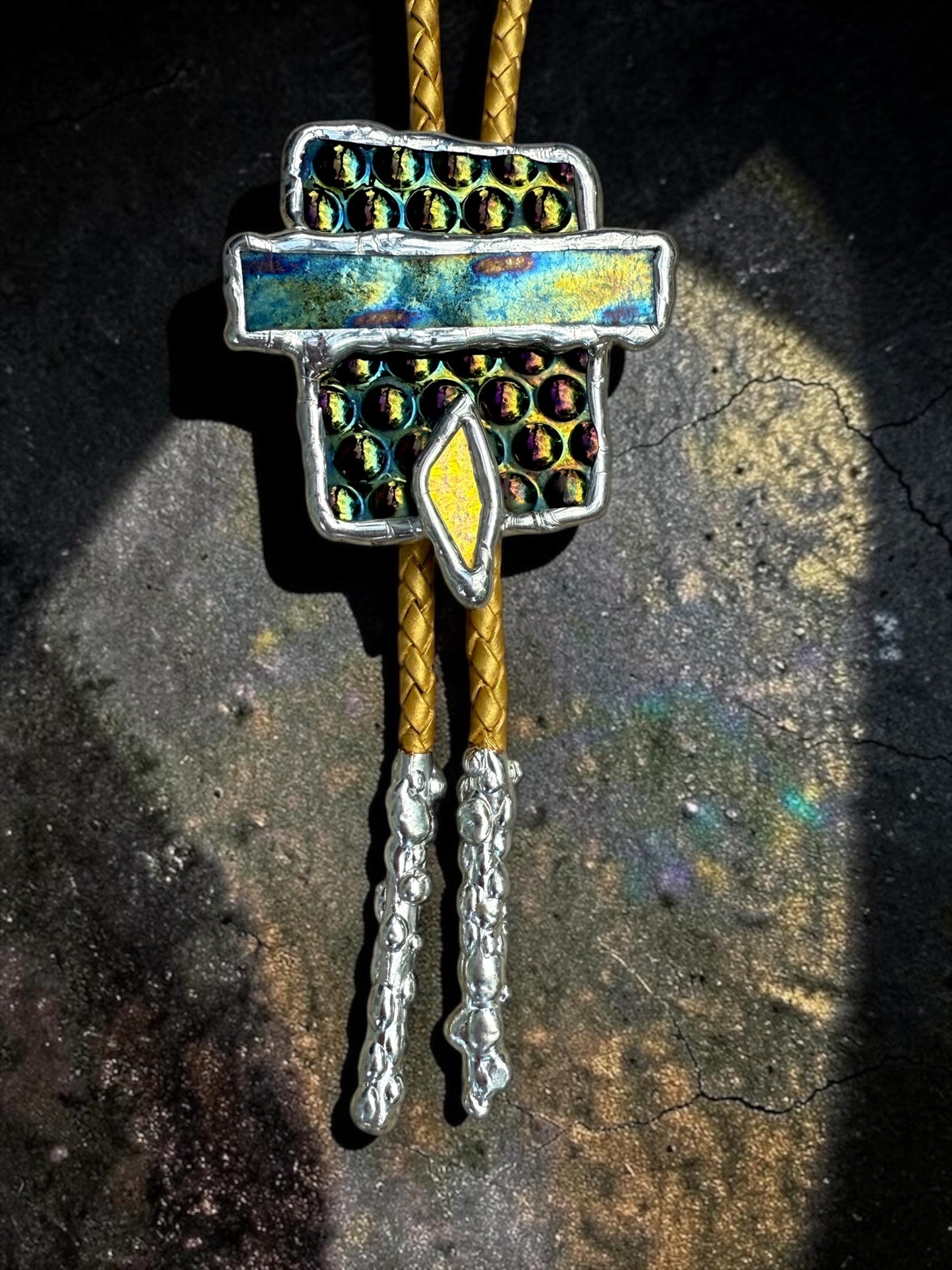 Cyberpunk Stained Glass Bolo Tie – Handmade Western Necklace | Whimsical Jewelry for Festival Fashion and Celestial Cowboy Vibes