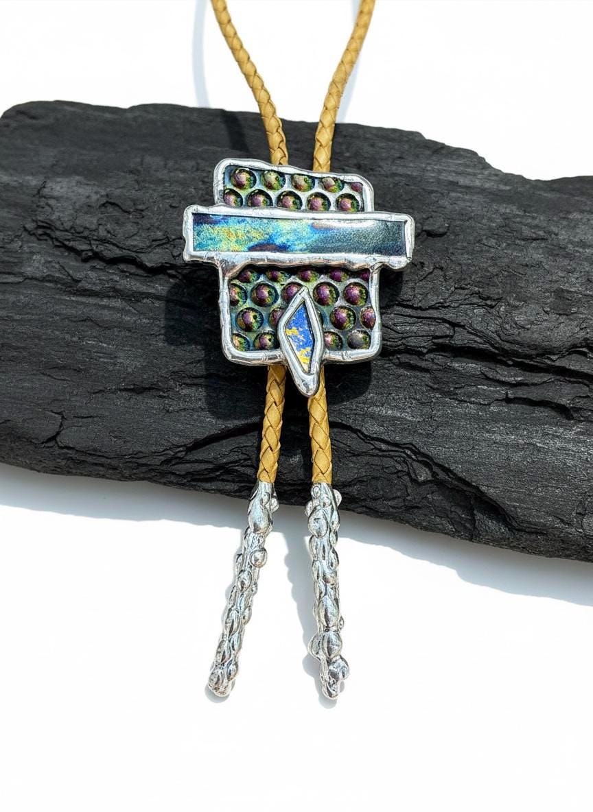 Cyberpunk Stained Glass Bolo Tie – Handmade Western Necklace | Whimsical Jewelry for Festival Fashion and Celestial Cowboy Vibes