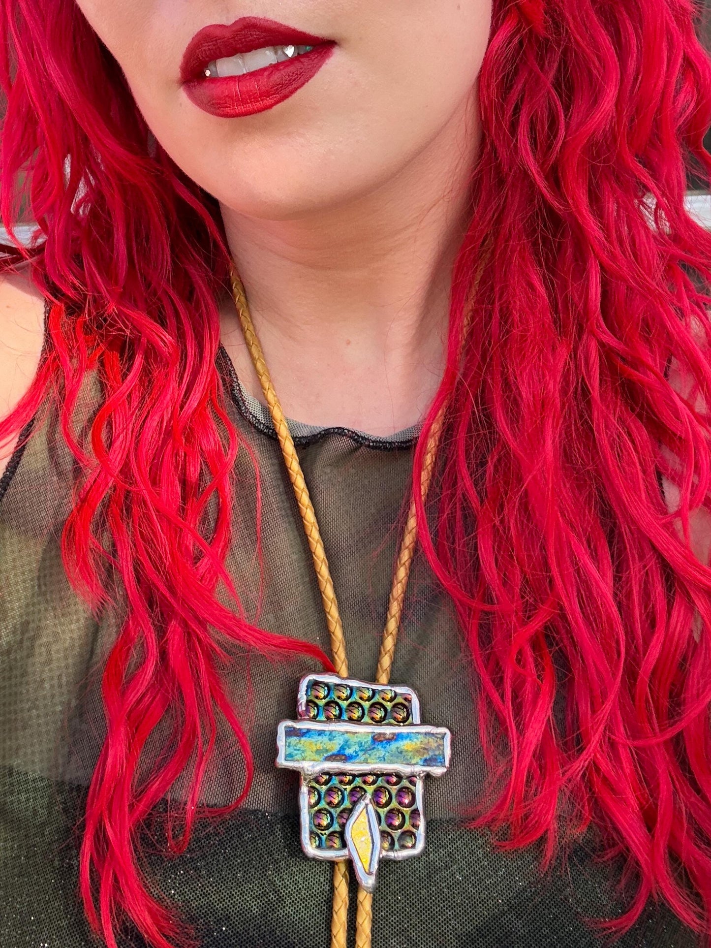 Cyberpunk Stained Glass Bolo Tie – Handmade Western Necklace | Whimsical Jewelry for Festival Fashion and Celestial Cowboy Vibes